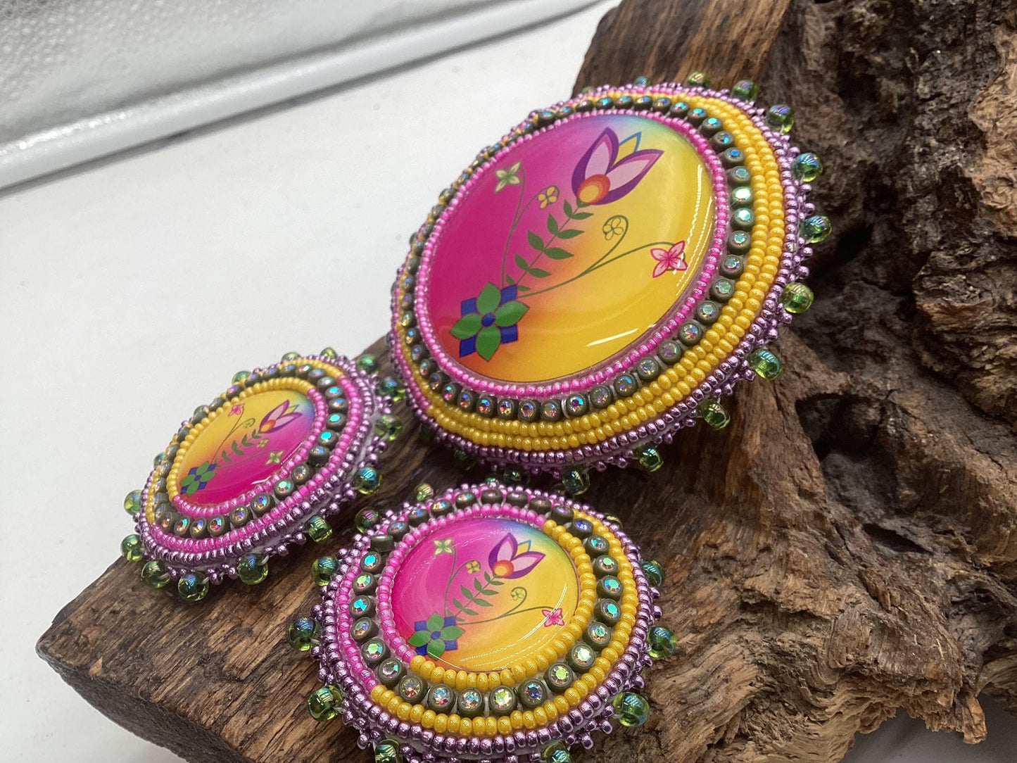 Hand Beaded Floral Barrette & Earrings Jewelry Set — Anishinaabe/Ojibwe Beadwork