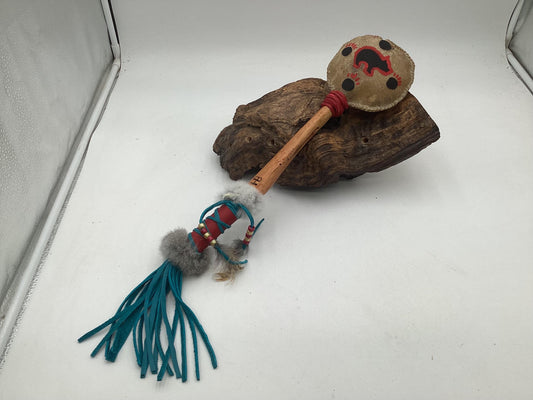 Hand Painted Rawhide Dance Rattle -Ojibwe/Anishinaabe made - Free Shipping