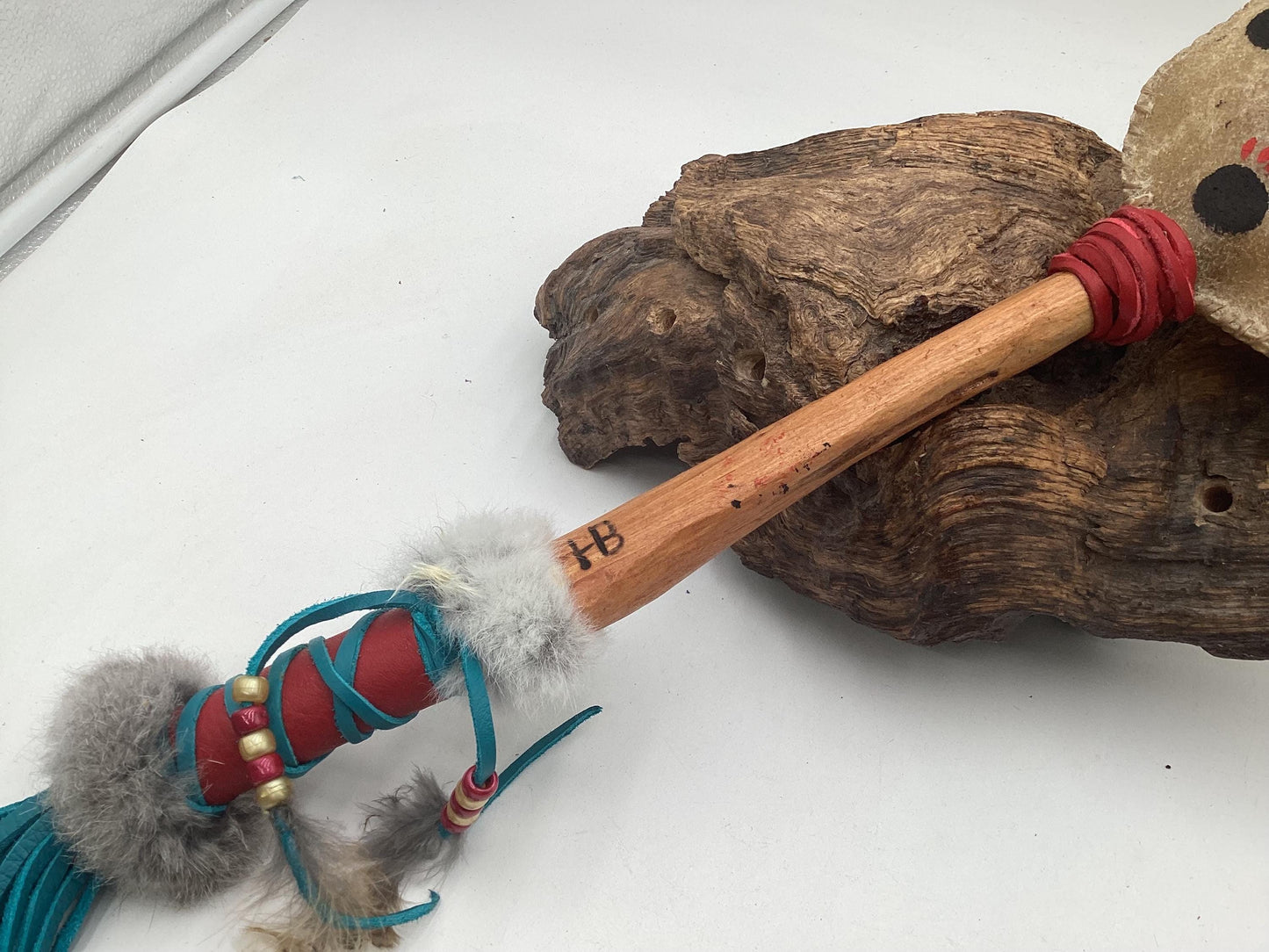 Hand Painted Rawhide Dance Rattle -Ojibwe/Anishinaabe made - Free Shipping