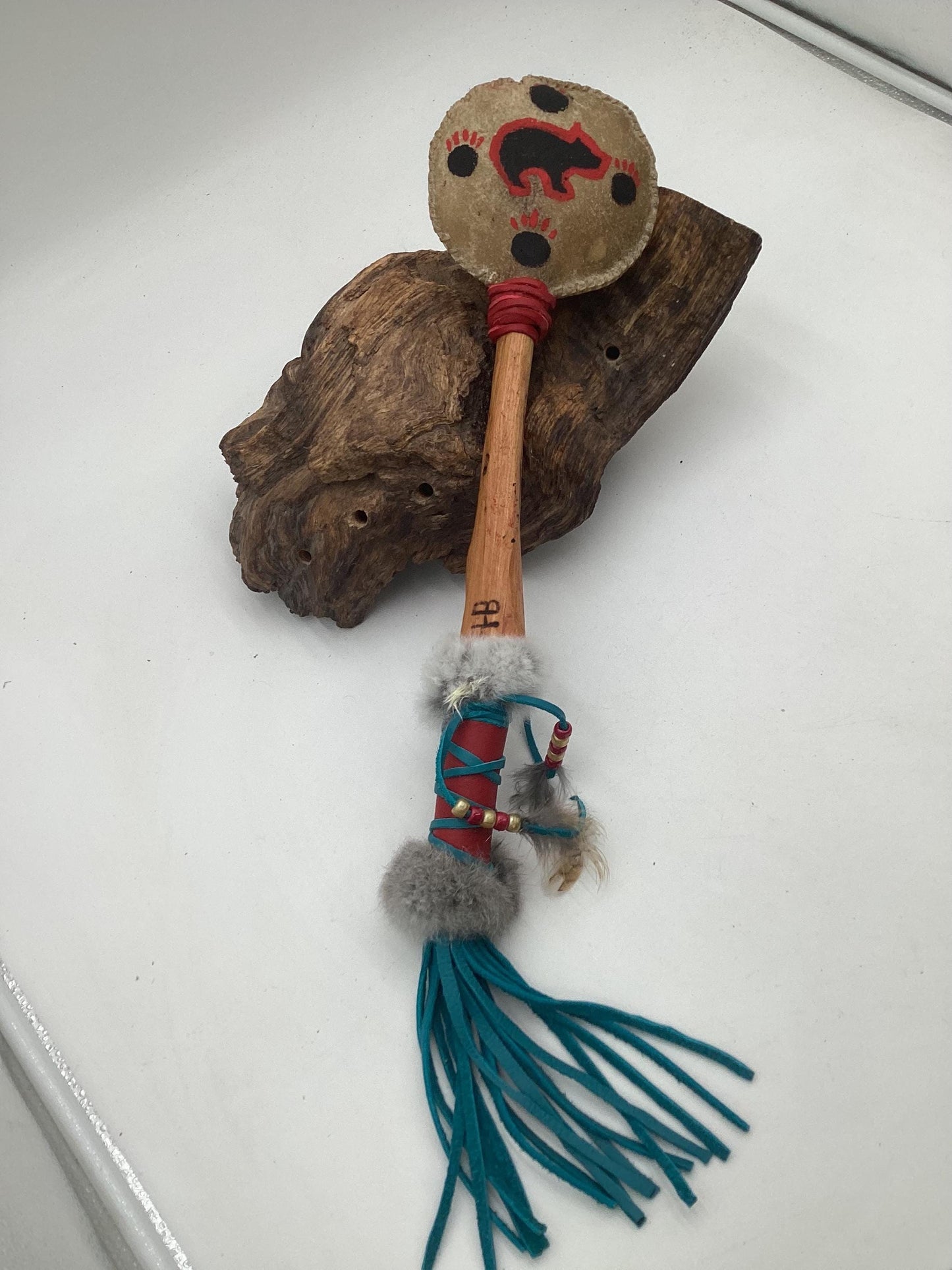 Hand Painted Rawhide Dance Rattle -Ojibwe/Anishinaabe made - Free Shipping