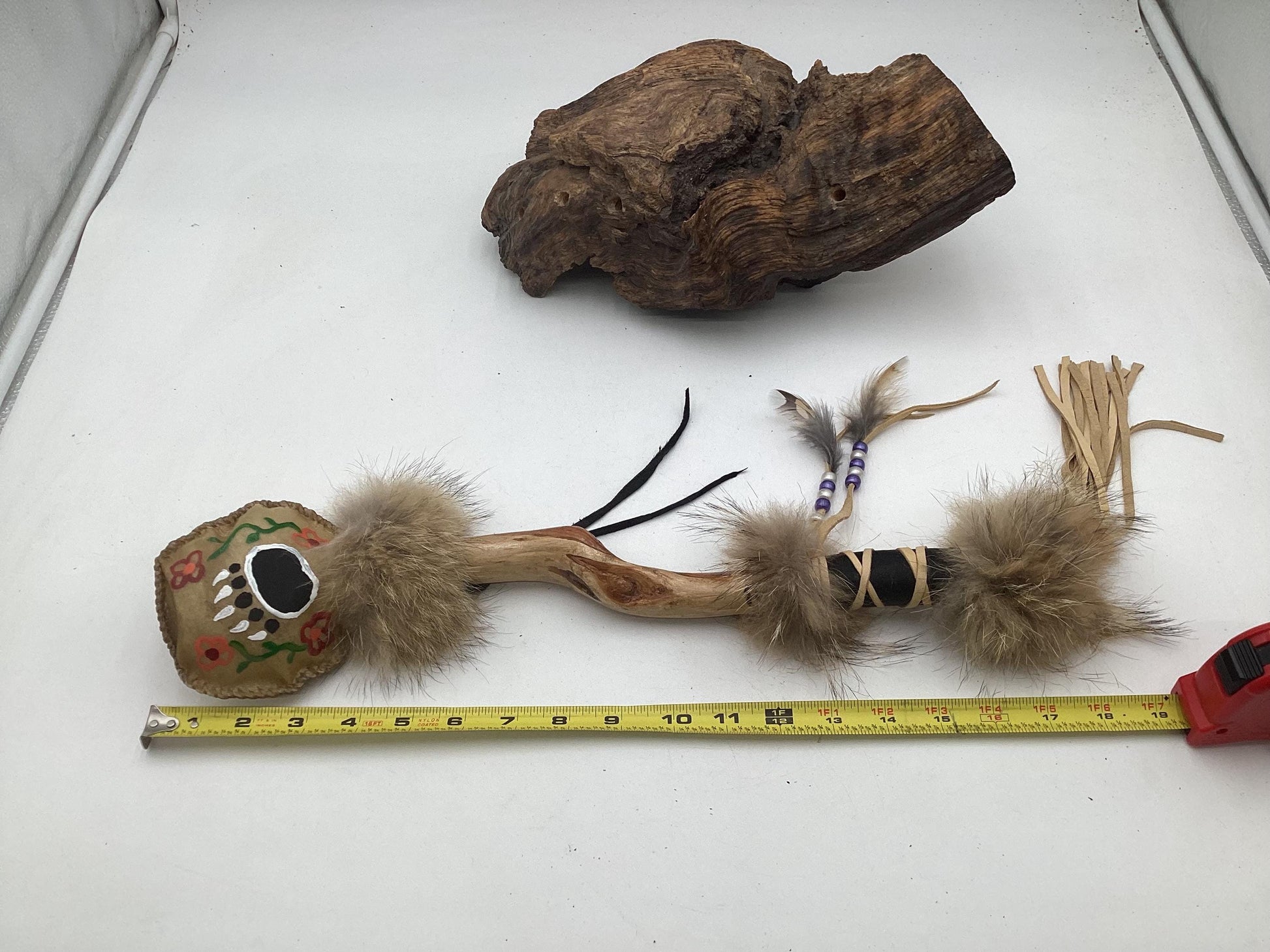 Hand Painted Rawhide Dance Rattle -Ojibwe/Anishinaabe made - Free Shipping