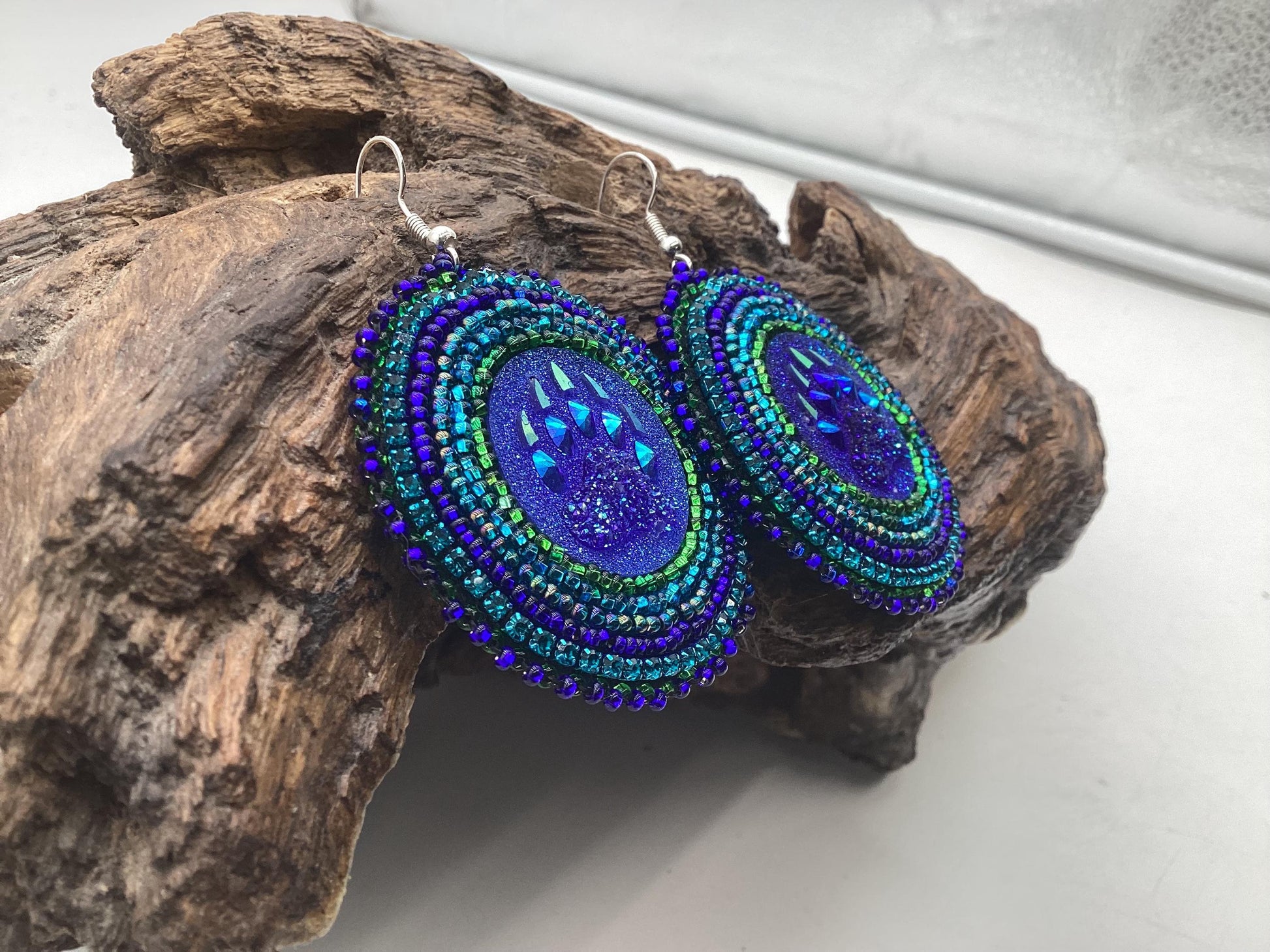 Shimmering Blue Bear Claw Hand Beaded Earrings - Anishinaabe/Ojibwe Beadwork