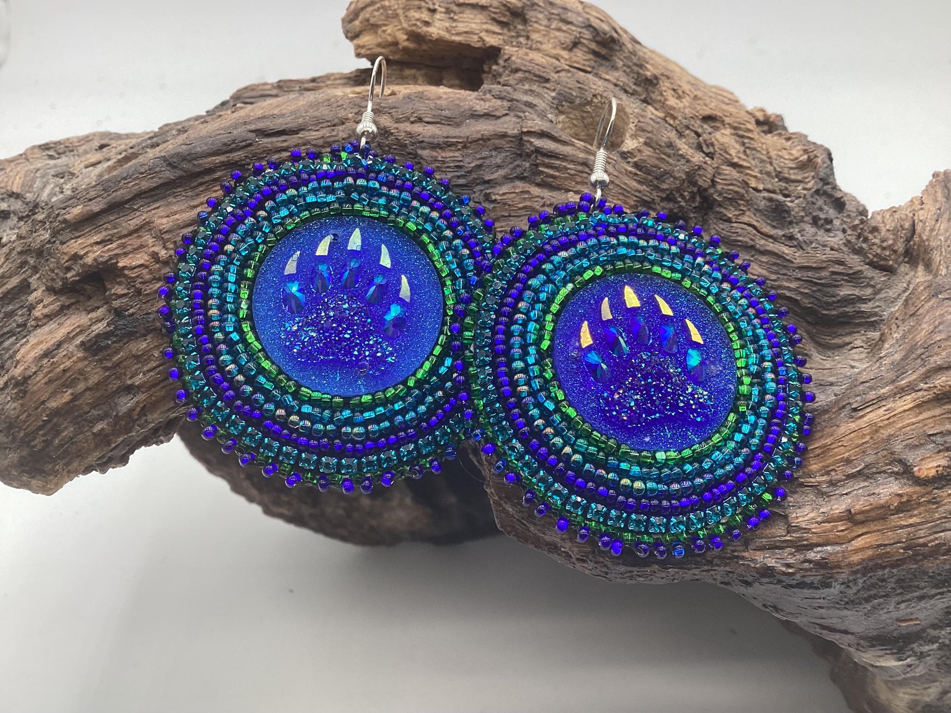 Shimmering Blue Bear Claw Hand Beaded Earrings - Anishinaabe/Ojibwe Beadwork