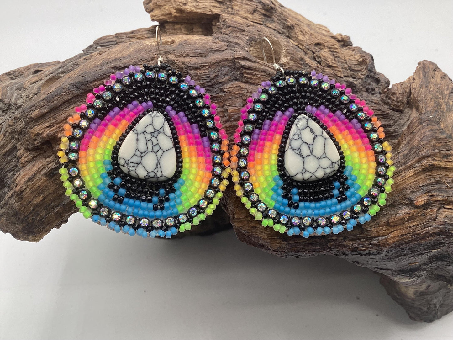 Hand Beaded Multicolored & Acrylic Center Earrings - Authentic Anishinaabe/Ojibwe Beadwork