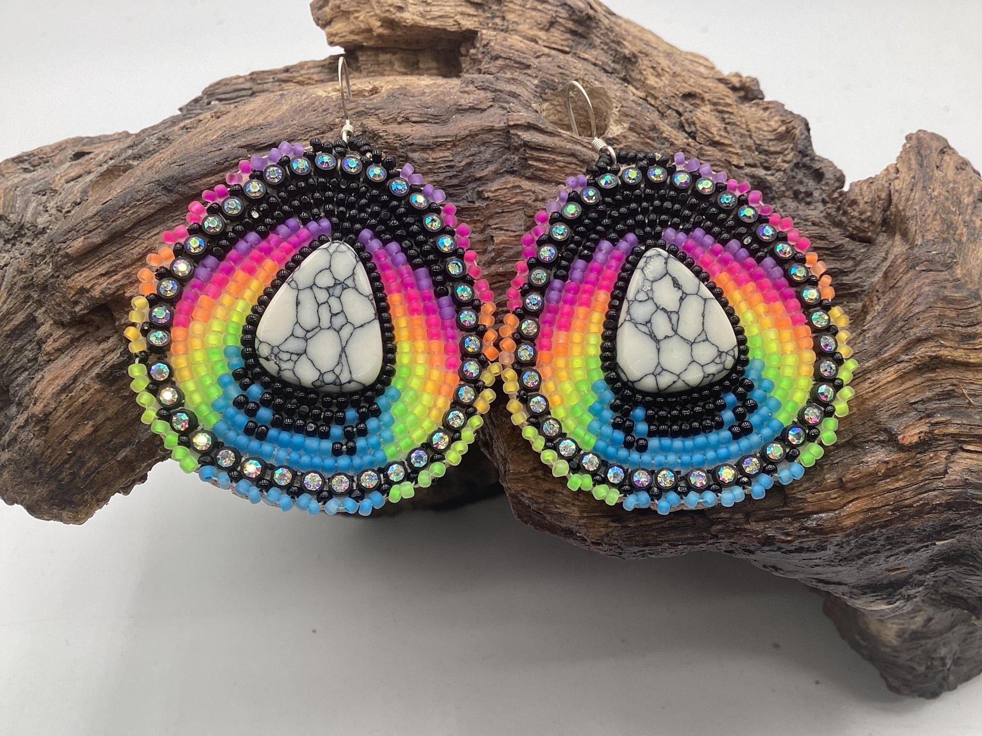 Hand Beaded Multicolored & Acrylic Center Earrings - Authentic Anishinaabe/Ojibwe Beadwork