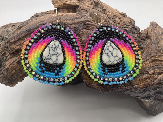 Hand Beaded Multicolored & Acrylic Center Earrings - Authentic Anishinaabe/Ojibwe Beadwork