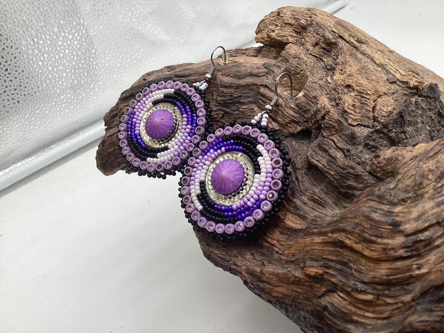 Purple Hand Beaded Earrings: Anishinaabe/Ojibwe Beadwork