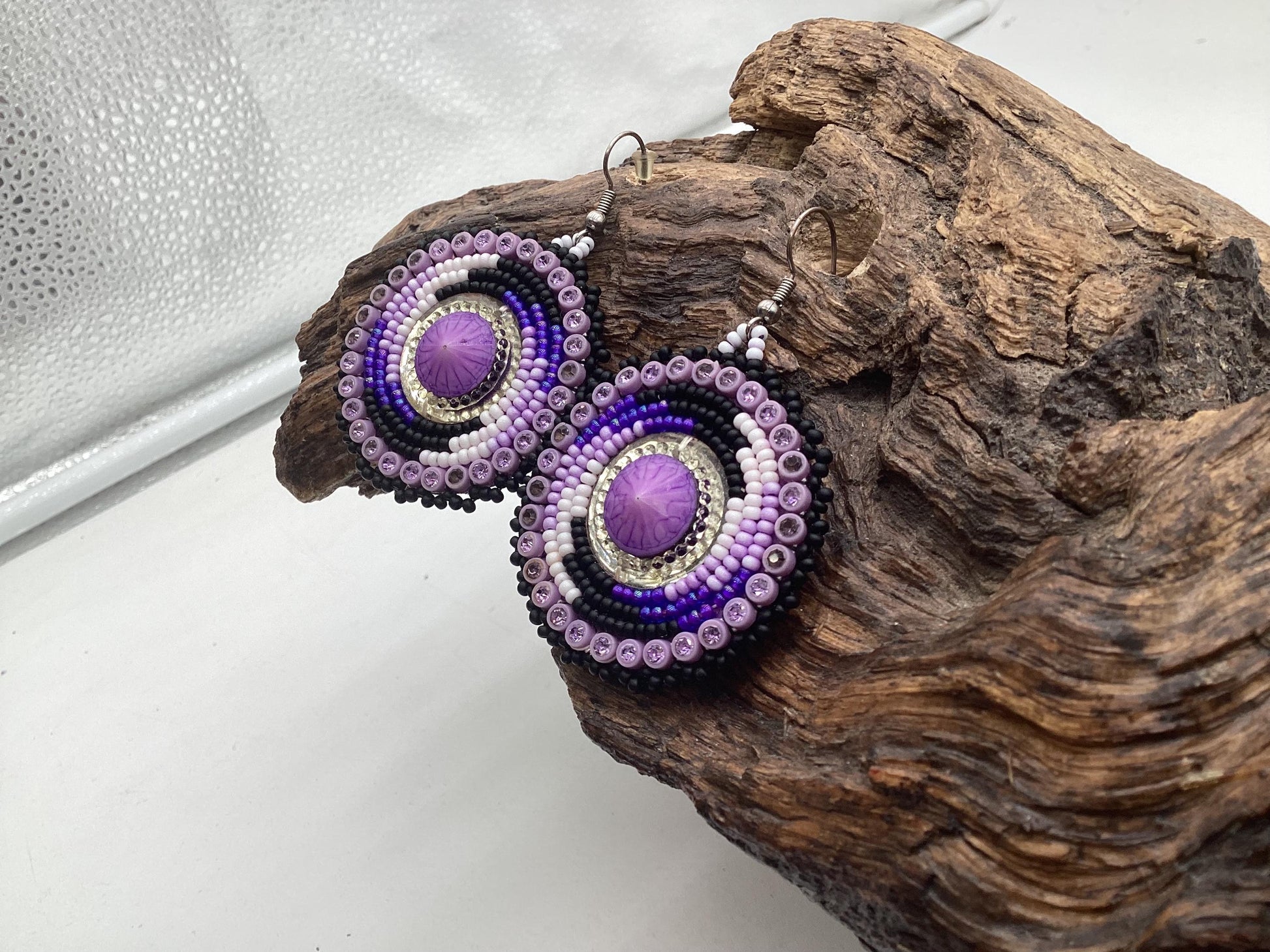 Purple Hand Beaded Earrings: Anishinaabe/Ojibwe Beadwork
