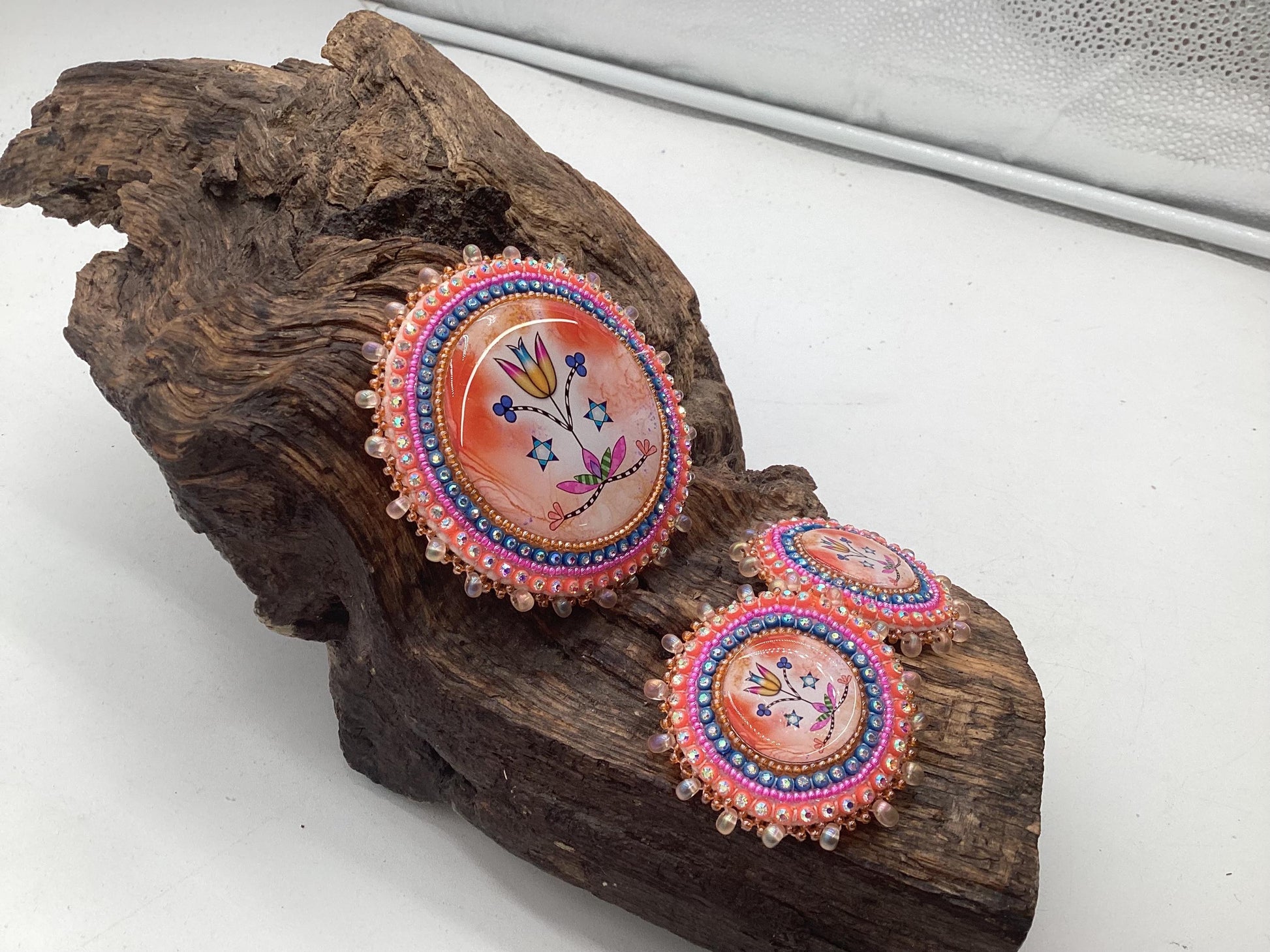 Hand Beaded Indigenous Floral Barrette & Earrings Jewelry Set — Anishinaabe/Ojibwe Beadwork