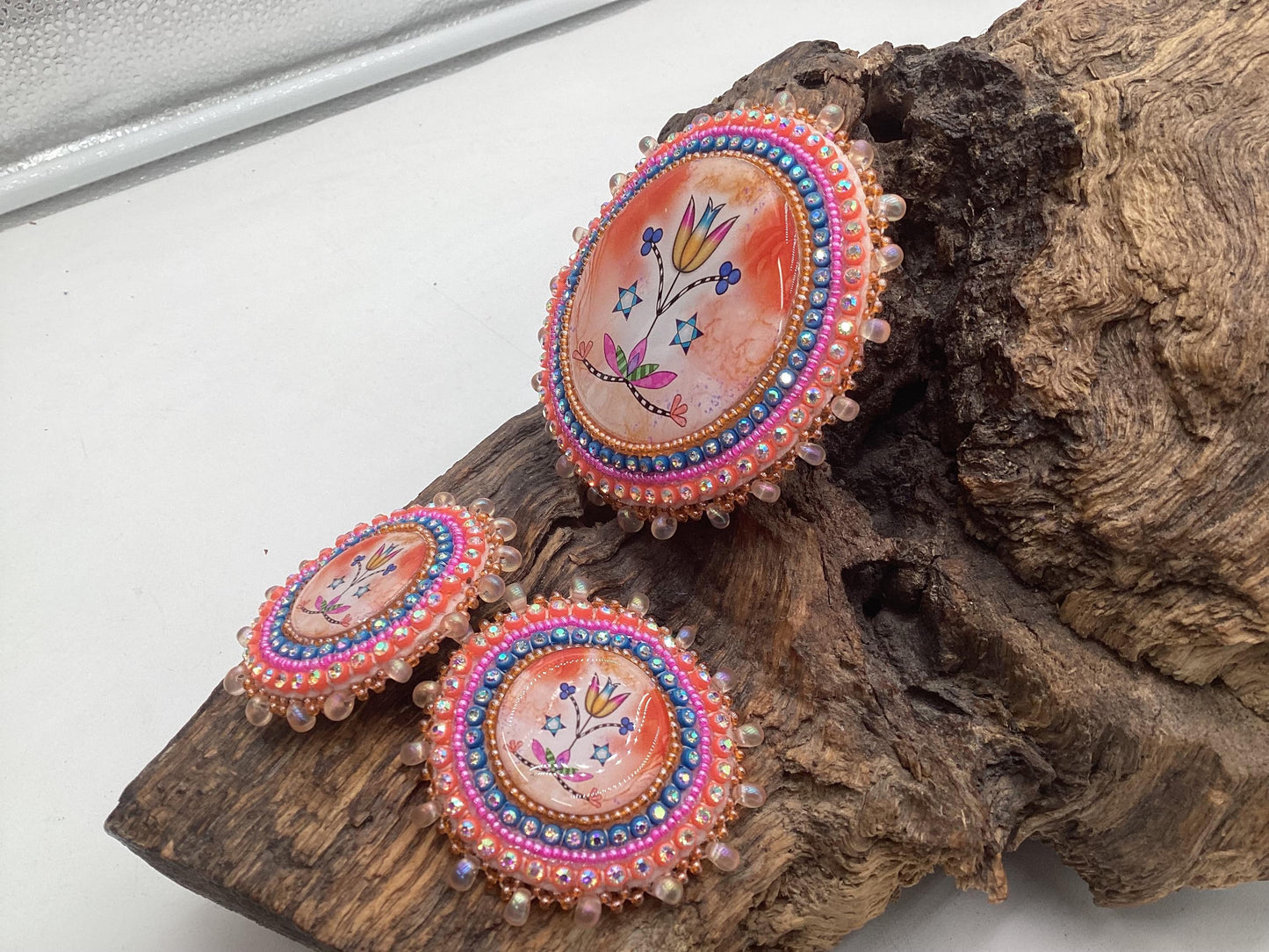 Hand Beaded Indigenous Floral Barrette & Earrings Jewelry Set — Anishinaabe/Ojibwe Beadwork