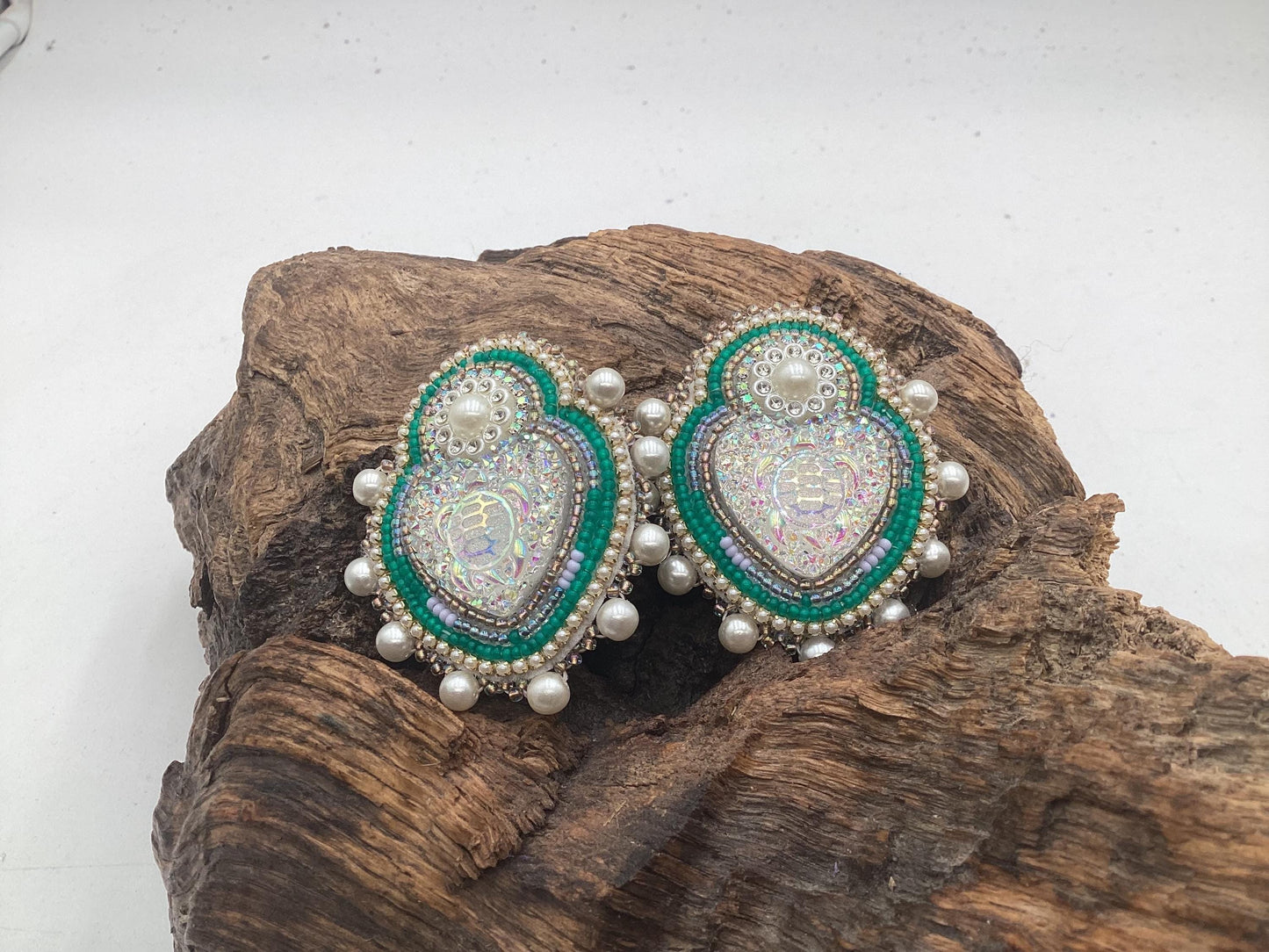 Double Centered Turtle Heart Hand Beaded Earrings – Authentic Anishinaabe/Ojibwe Beadwork