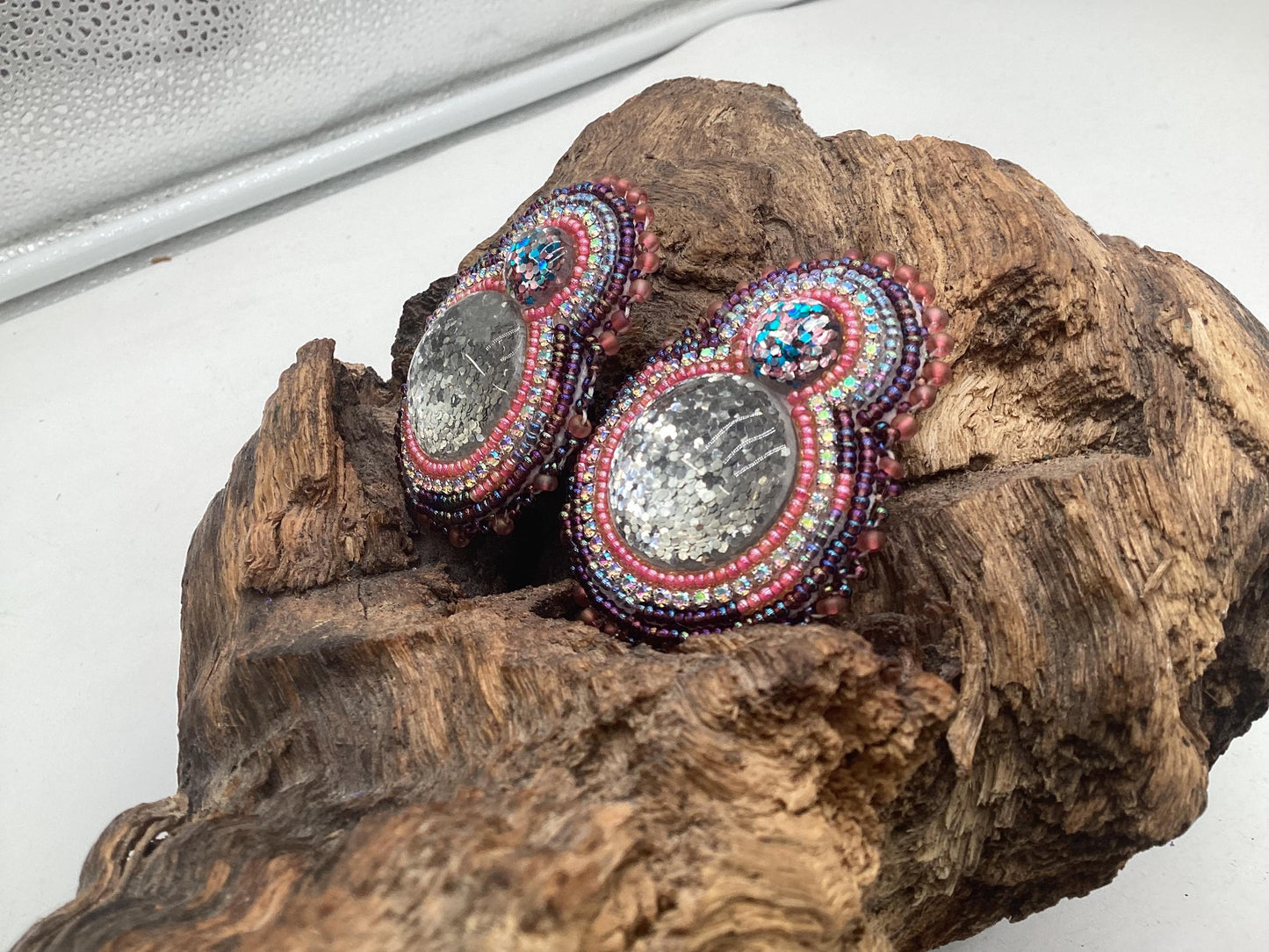 Hand Beaded Double-Center Glitter Earrings – Anishinaabe/Ojibwe Beadwork