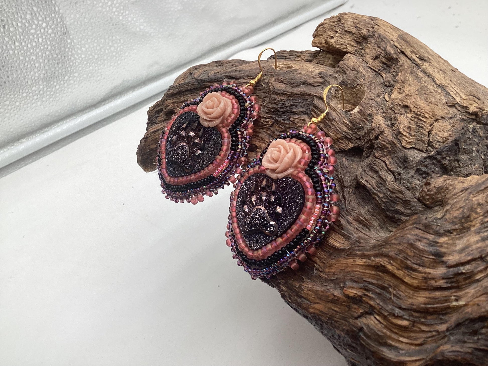 Double Center Bear Claw Heart Hand Beaded Earrings - Authentic Anishinaabe/Ojibwe Beadwork - Free Shipping