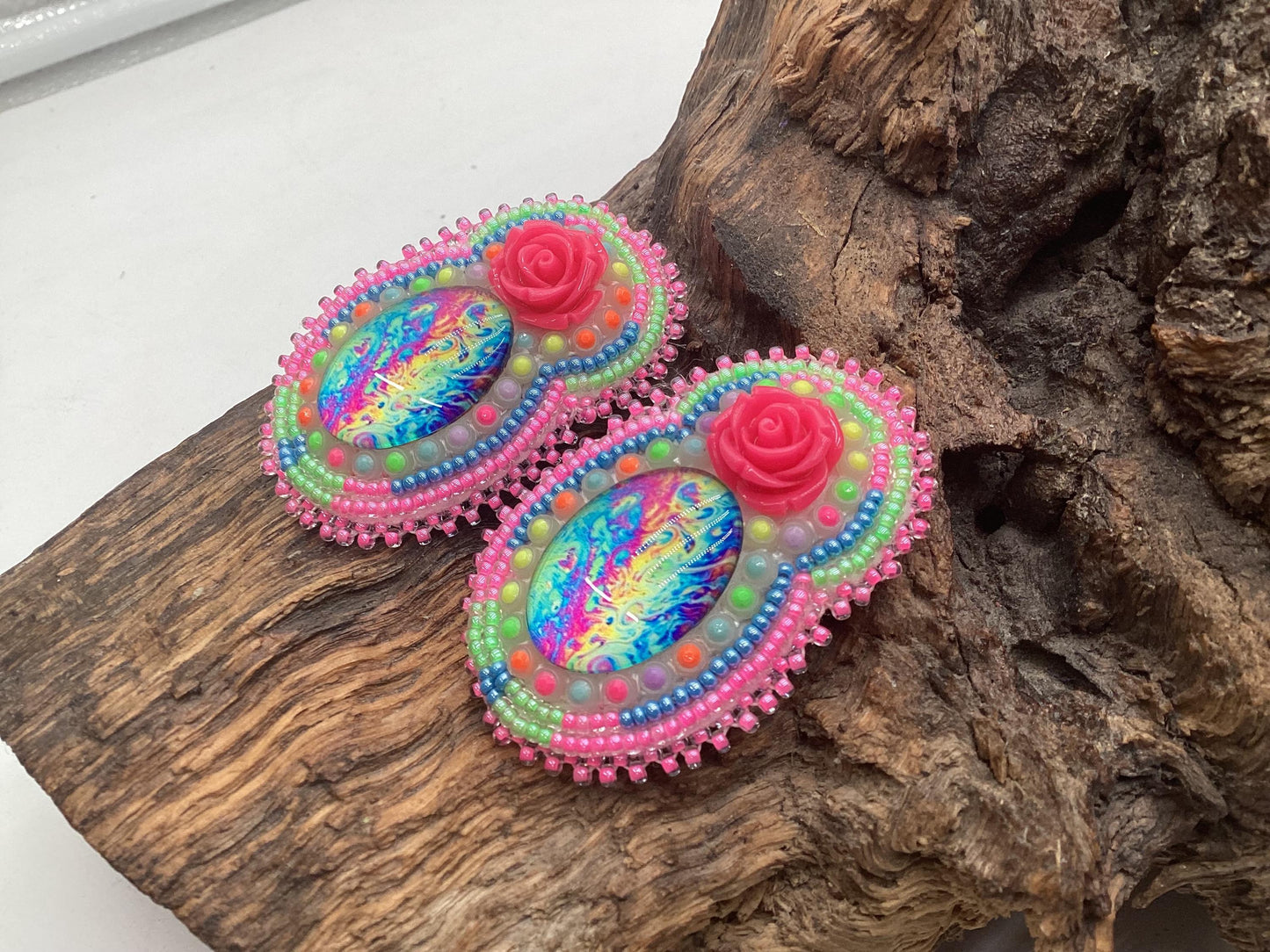 Hand Beaded Double-Center Flower Earrings: Anishinaabe/Ojibwe Beadwork