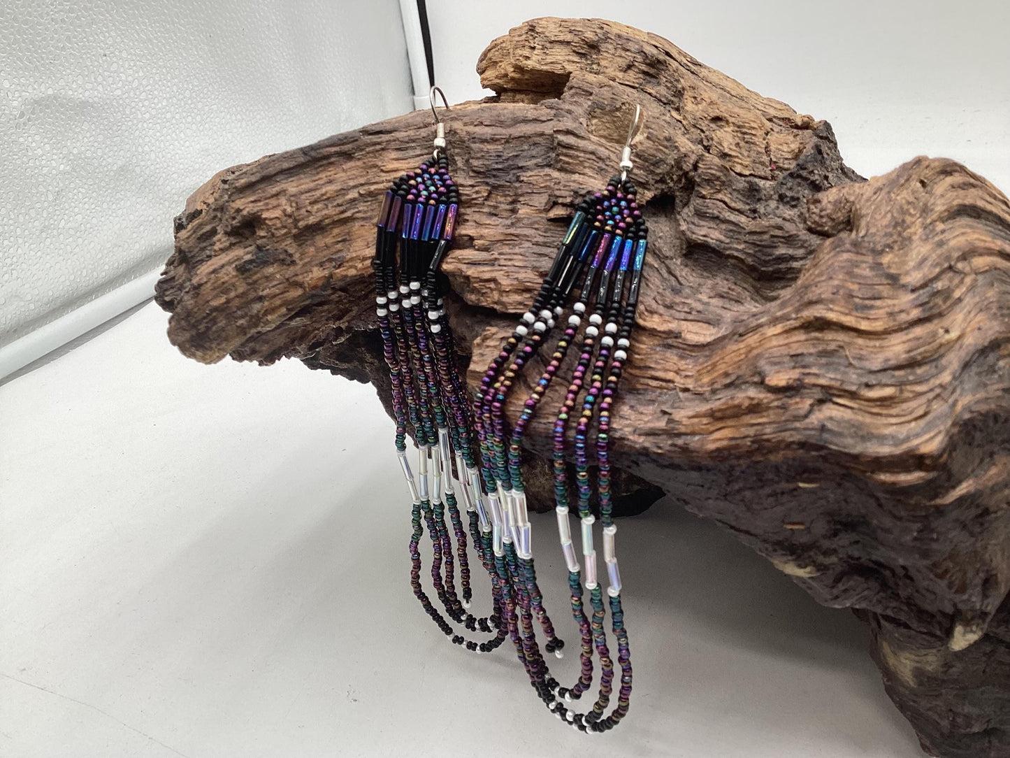 Hand Beaded Galaxy Fringe Earrings - Authentic Anishinaabe/Ojibwe Beadwork