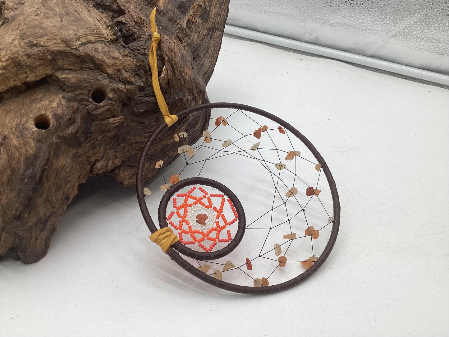 Red Aventurine Double Dreamcatcher - Anishinaabe/Ojibwe Made - Free Shipping