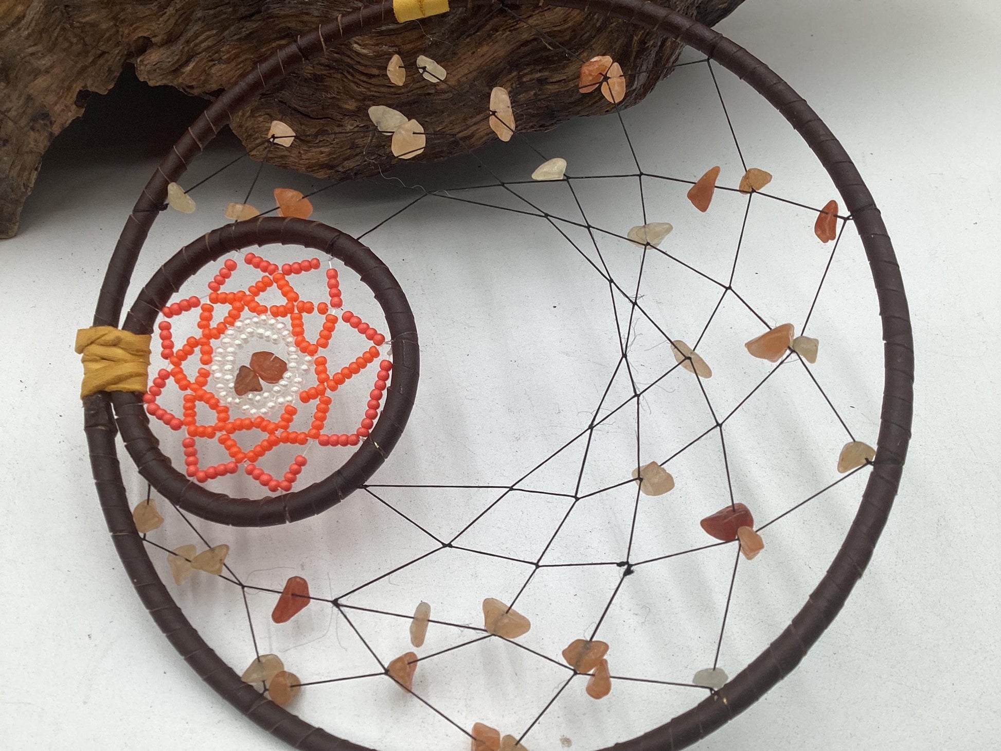 Red Aventurine Double Dreamcatcher - Anishinaabe/Ojibwe Made - Free Shipping