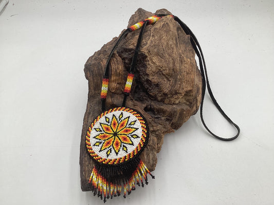Hand Beaded Anishinaabe Medallion with Beaded Strap - Authentic Anishinaabe/Ojibwe Made - Free Shipping