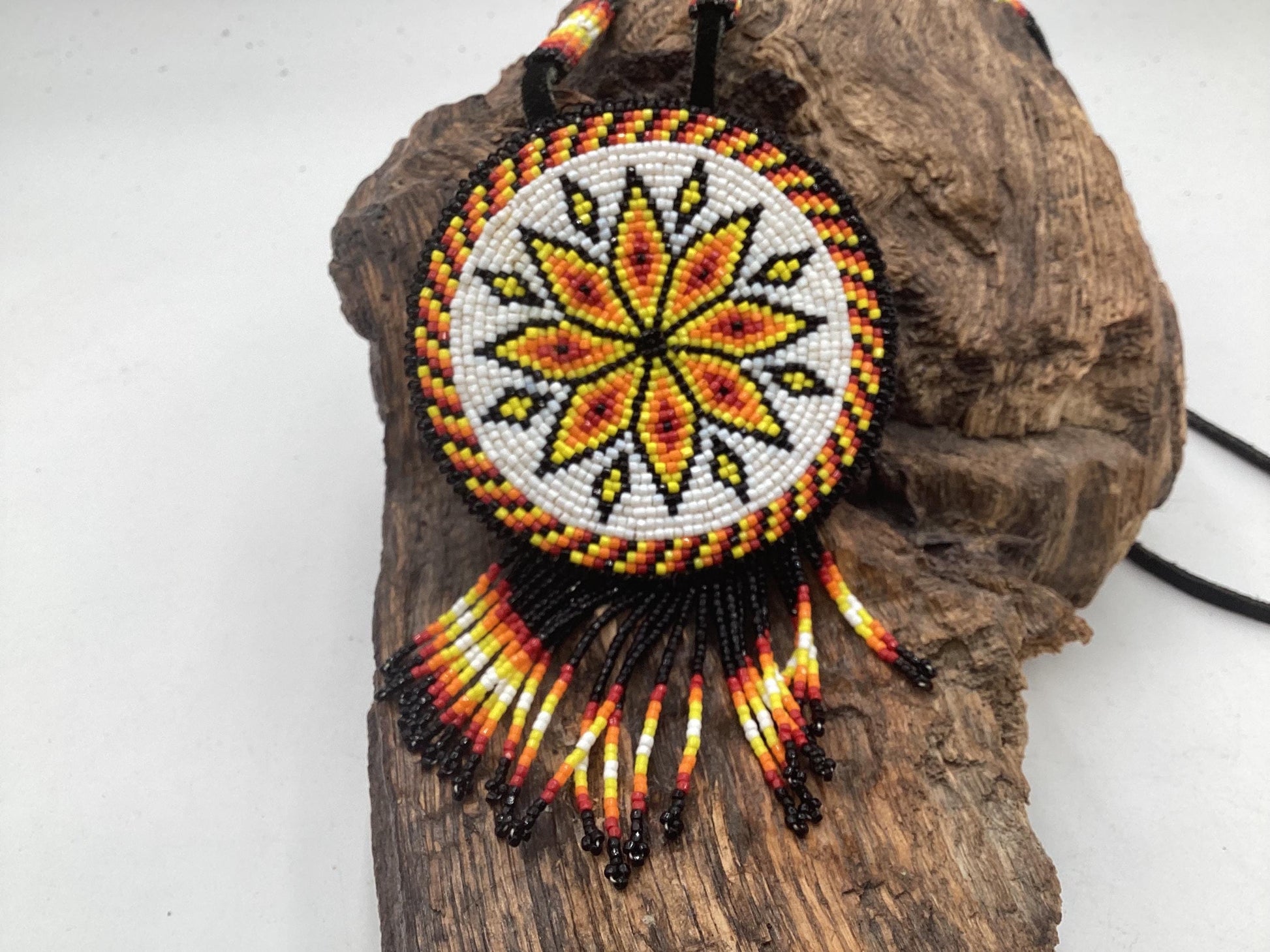 Hand Beaded Anishinaabe Medallion with Beaded Strap - Authentic Anishinaabe/Ojibwe Made - Free Shipping