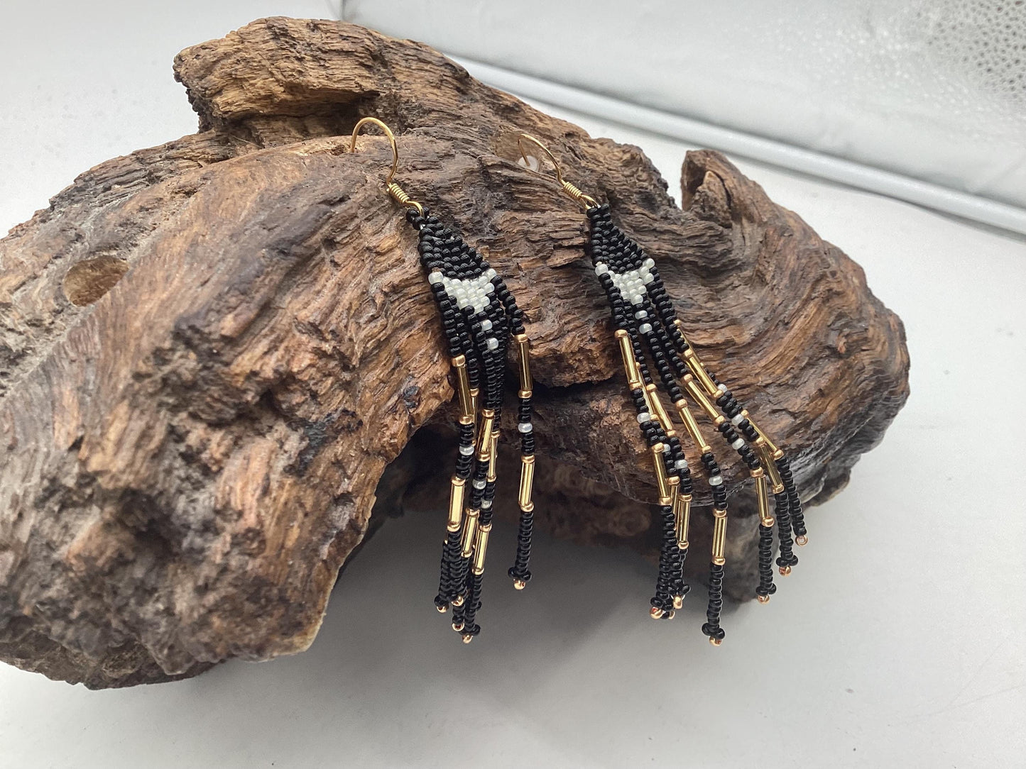 Hand Beaded Dangling Fringe Earrings – Anishinaabe Made
