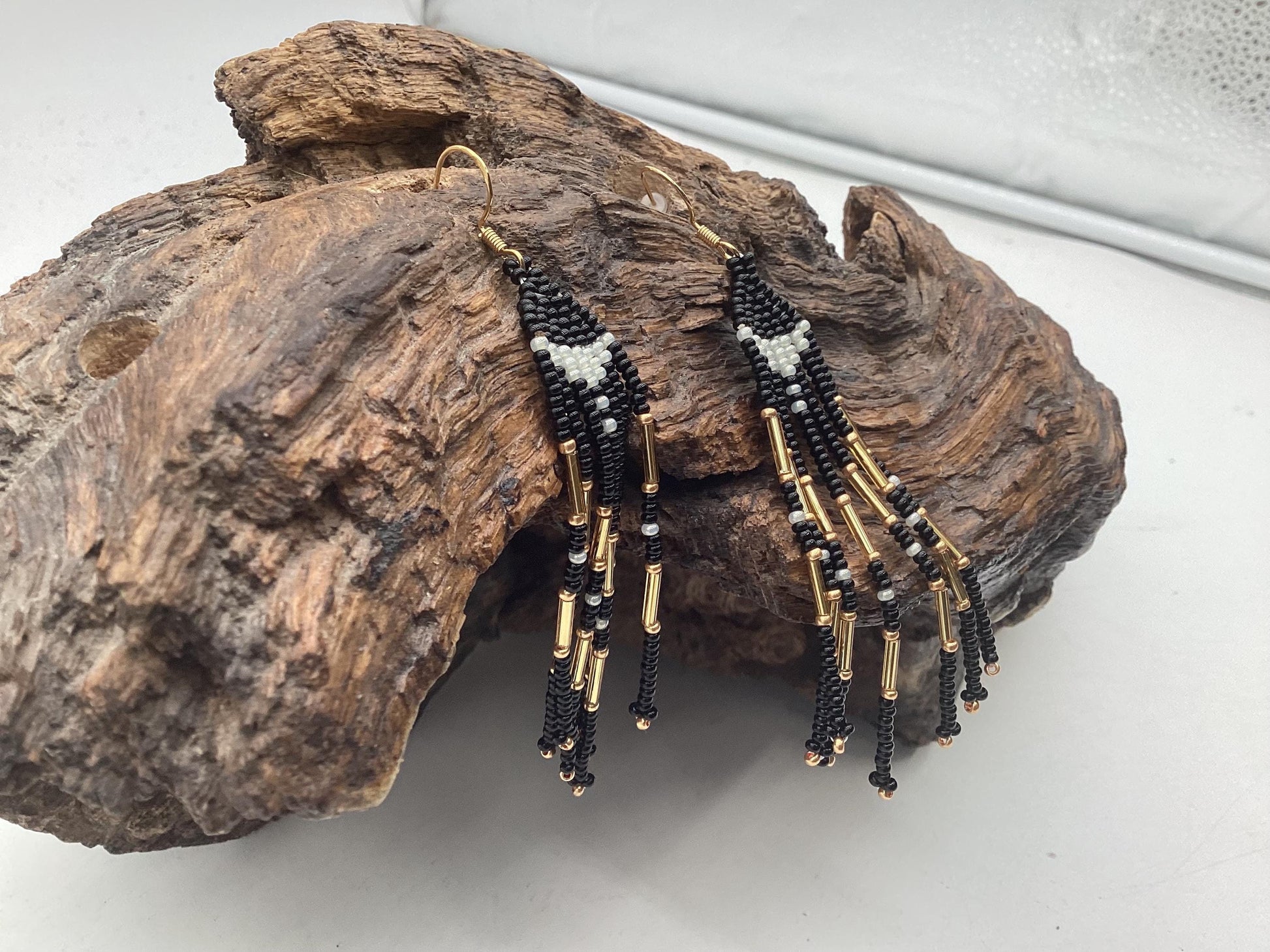 Hand Beaded Dangling Fringe Earrings – Anishinaabe Made