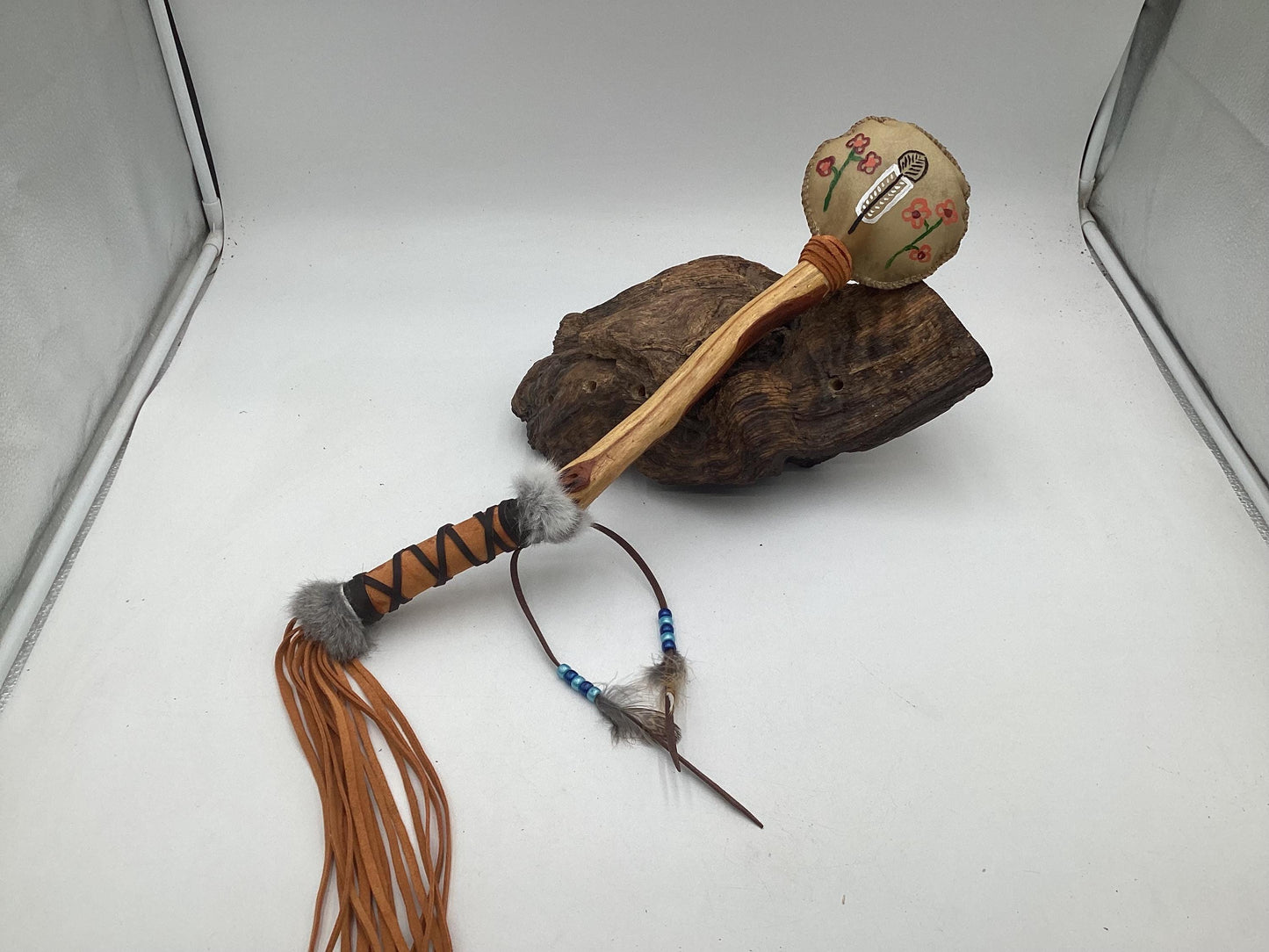 Hand Painted Rawhide Dance Rattle -Ojibwe/Anishinaabe made - Free Shipping