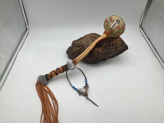 Hand Painted Rawhide Dance Rattle -Ojibwe/Anishinaabe made - Free Shipping