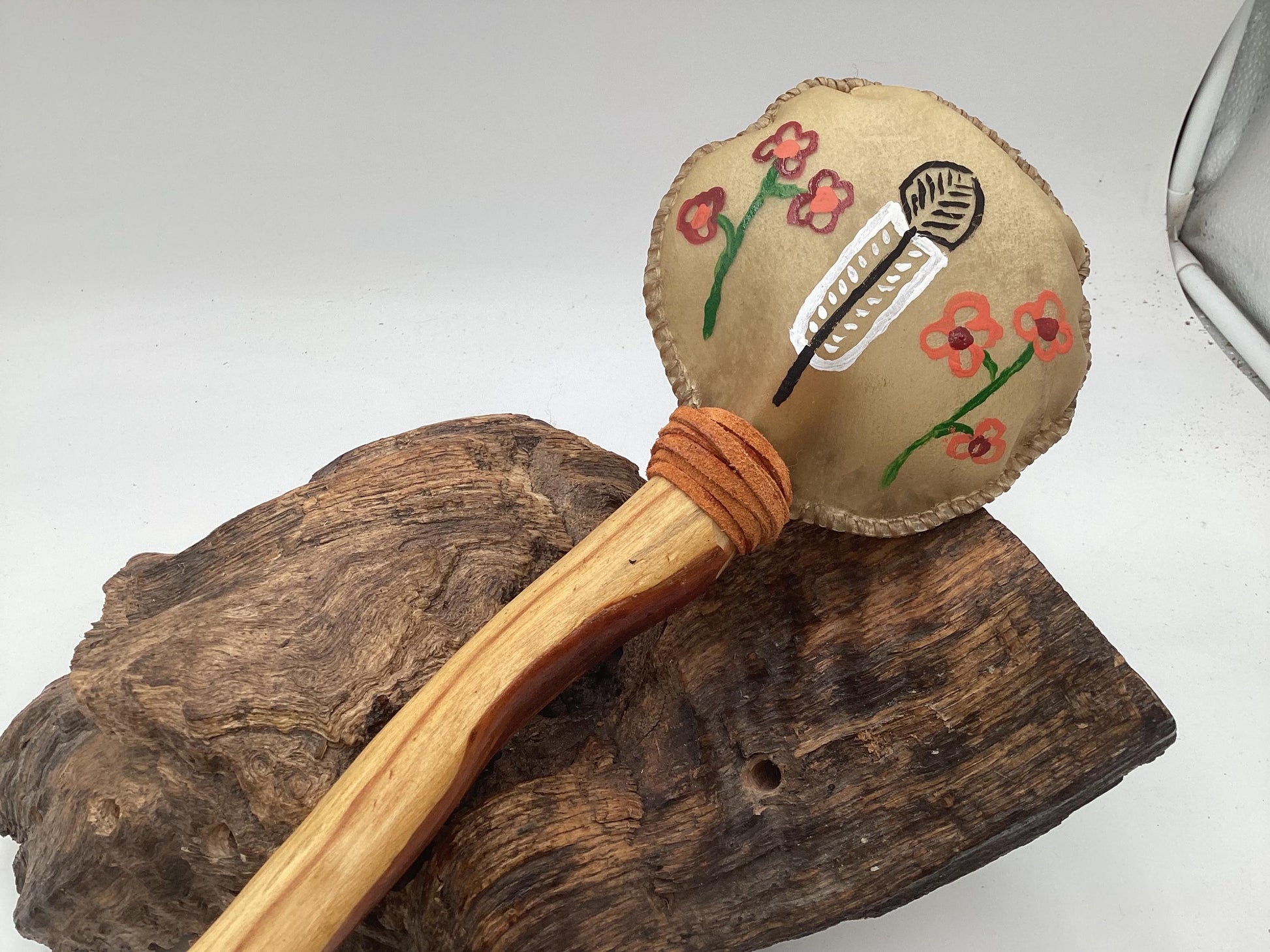 Hand Painted Rawhide Dance Rattle -Ojibwe/Anishinaabe made - Free Shipping