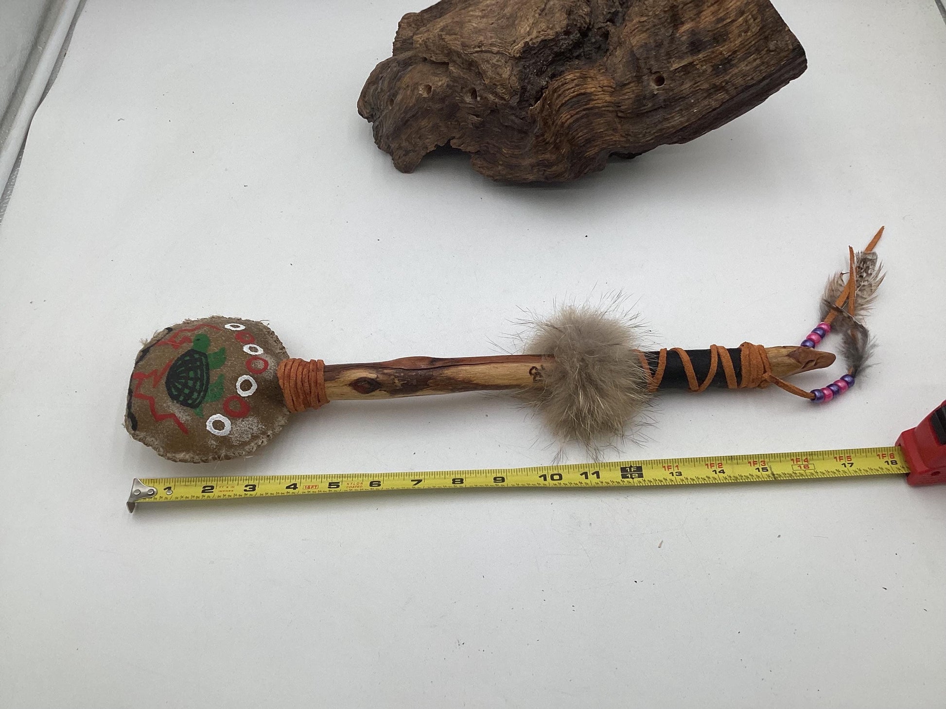 Hand Painted Rawhide Dance Rattle -Ojibwe/Anishinaabe made - Free Shipping