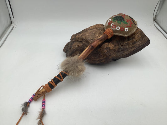 Hand Painted Rawhide Dance Rattle -Ojibwe/Anishinaabe made - Free Shipping