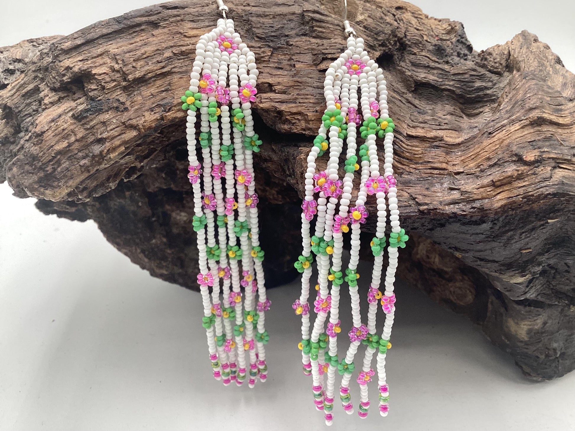 Hand Beaded Daisy Chain Fringe Earrings – Anishinaabe Made