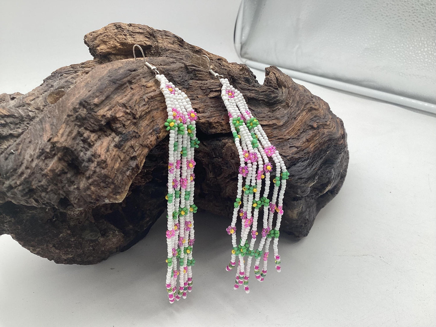 Hand Beaded Daisy Chain Fringe Earrings – Anishinaabe Made