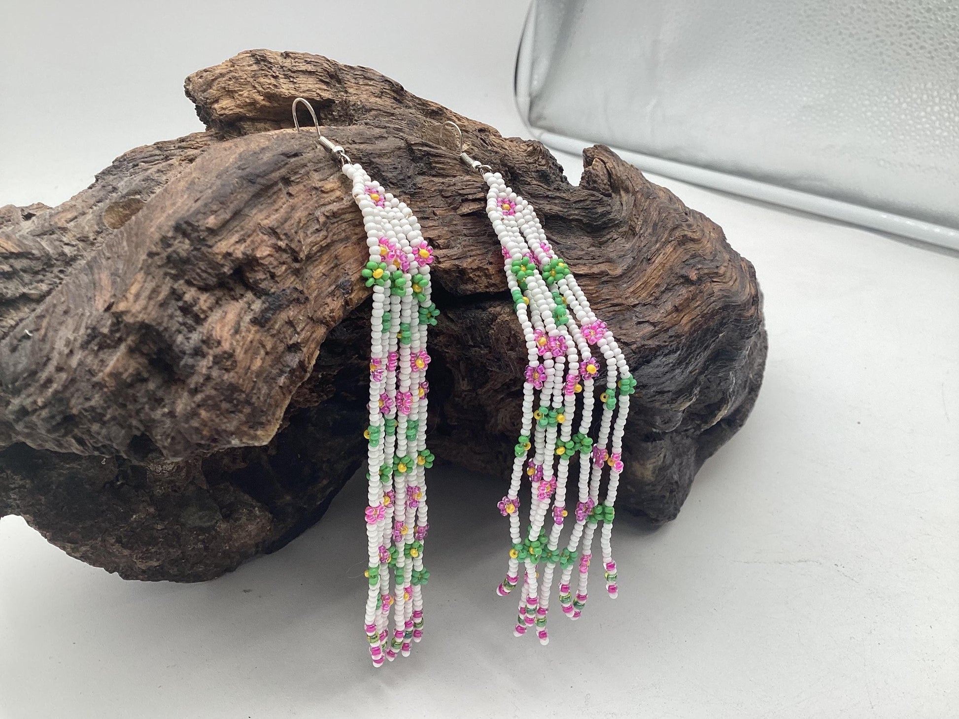 Hand Beaded Daisy Chain Fringe Earrings – Anishinaabe Made