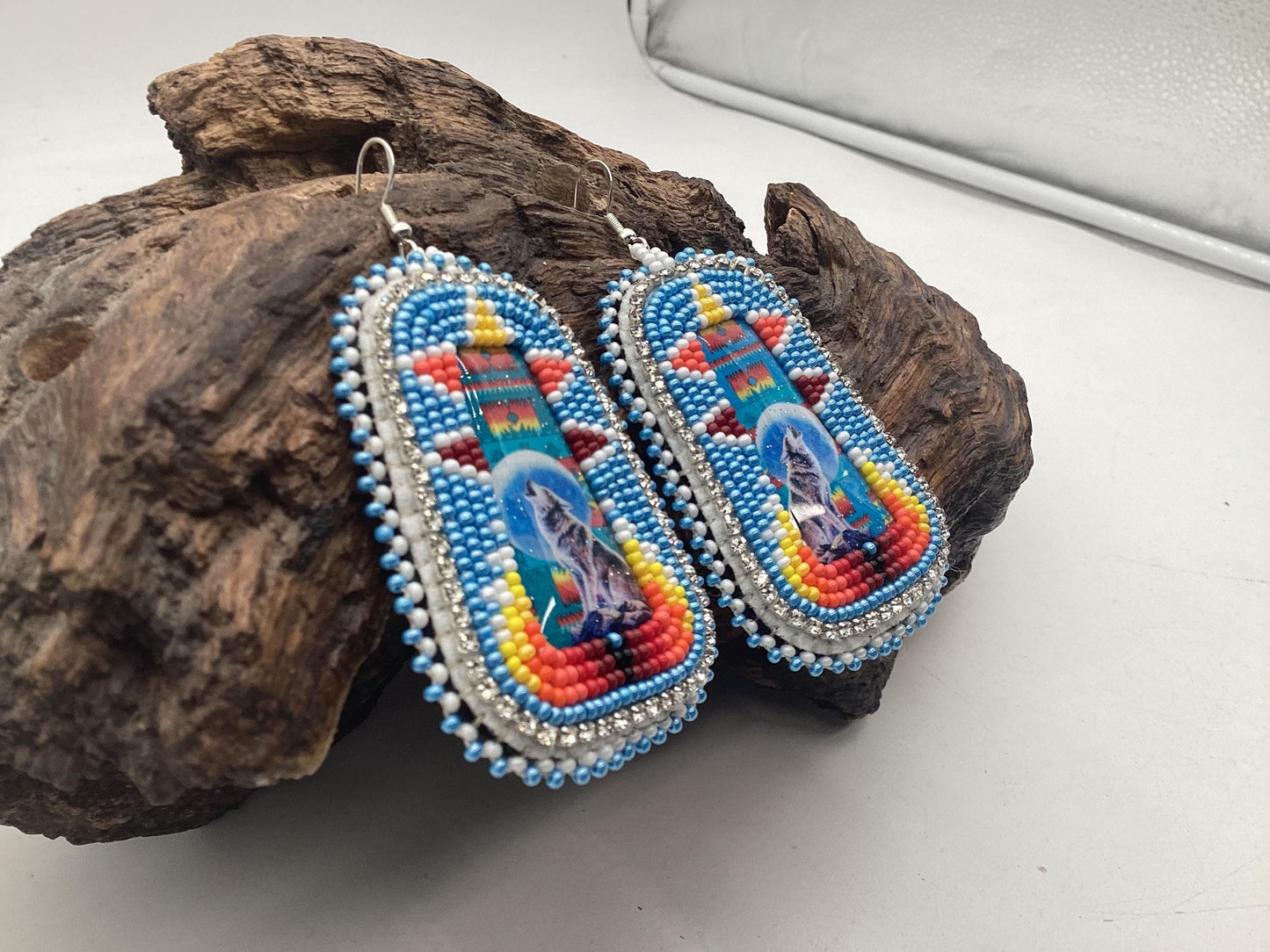 Spirit Wolf Earrings - Authentic Anishinaabe/Ojibwe Beadwork
