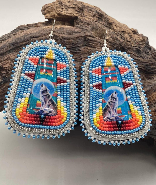Spirit Wolf Earrings - Authentic Anishinaabe/Ojibwe Beadwork