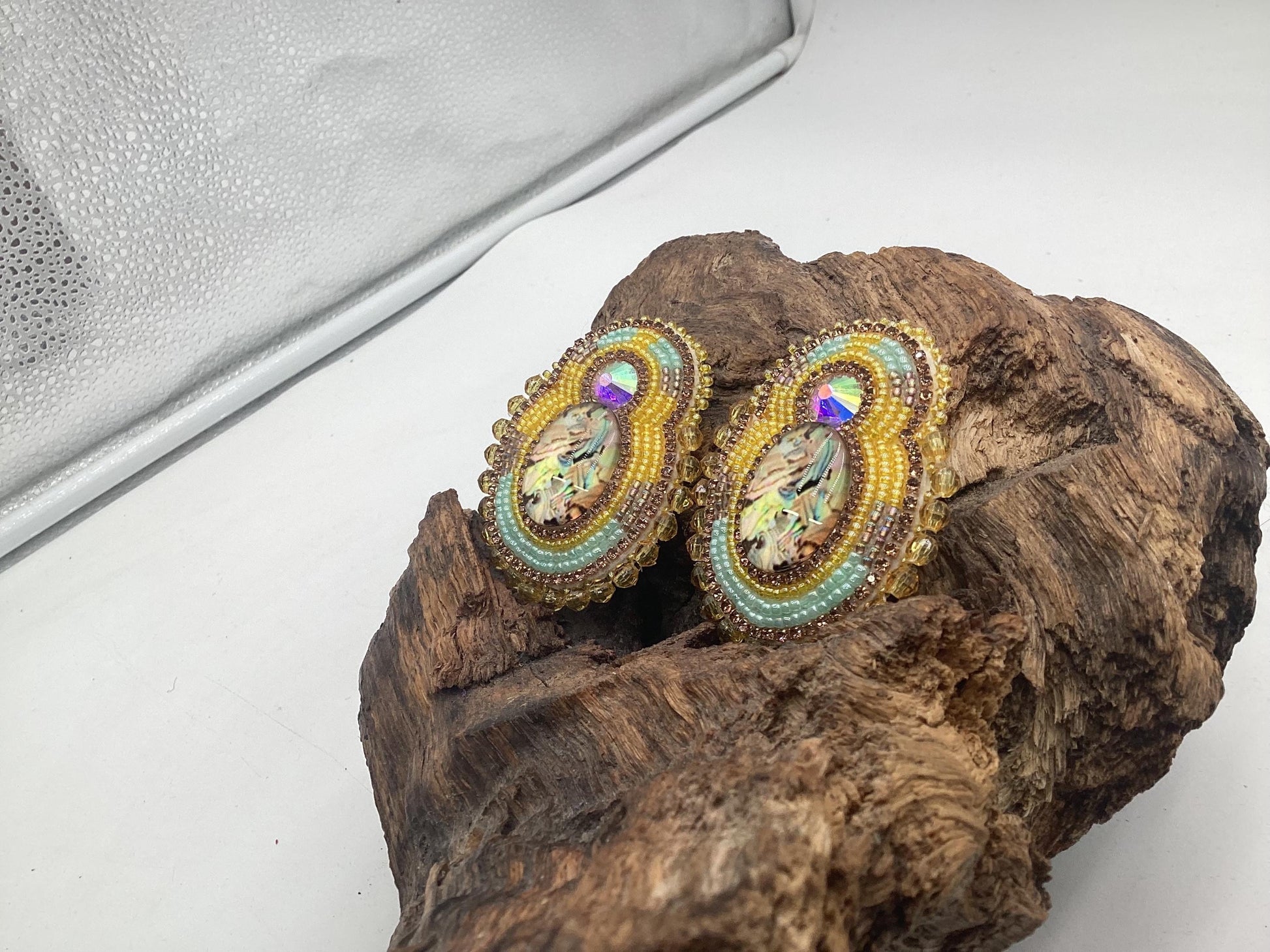 Yellow Double Center Hand Beaded Earrings - Authentic Ojibwe Anishinaabe Beadwork
