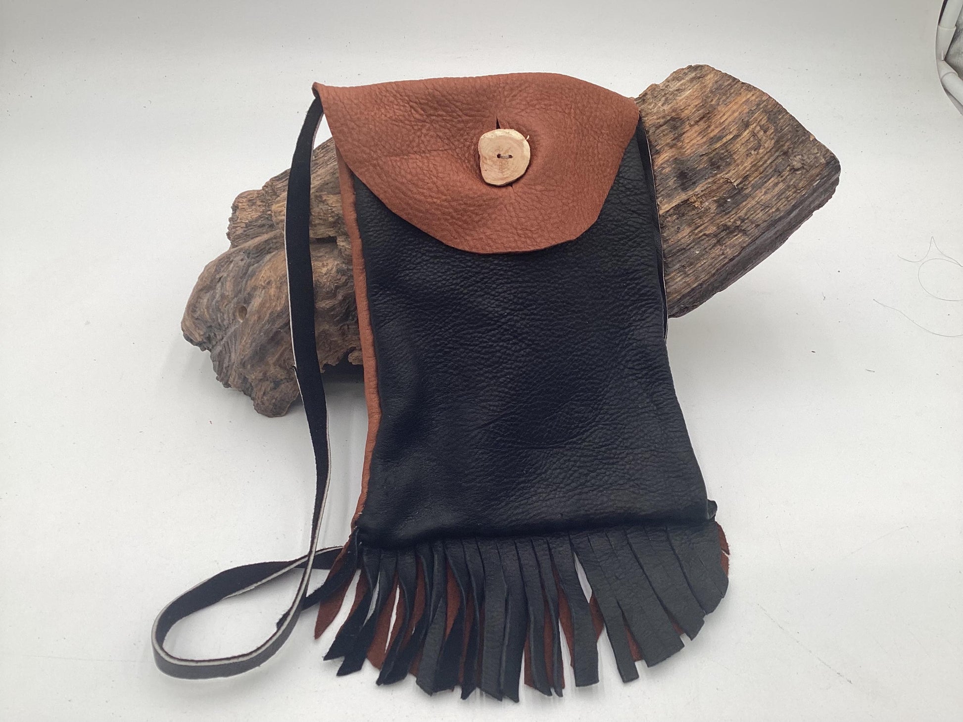 Hand Made Black & Brown Leather Bag - Authentic Anishinaabe/Ojibwe Made - Free Shipping