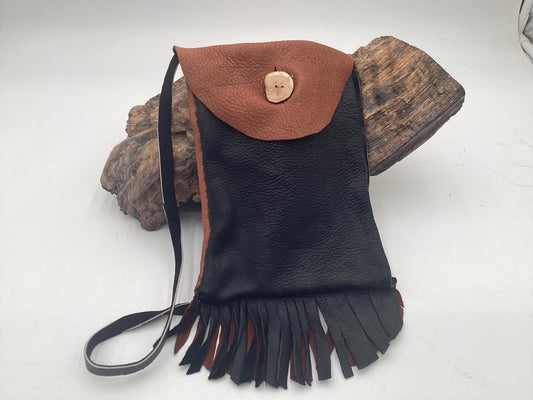 Hand Made Black & Brown Leather Bag - Authentic Anishinaabe/Ojibwe Made - Free Shipping