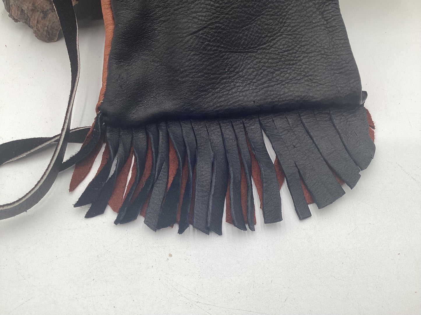 Hand Made Black & Brown Leather Bag - Authentic Anishinaabe/Ojibwe Made - Free Shipping