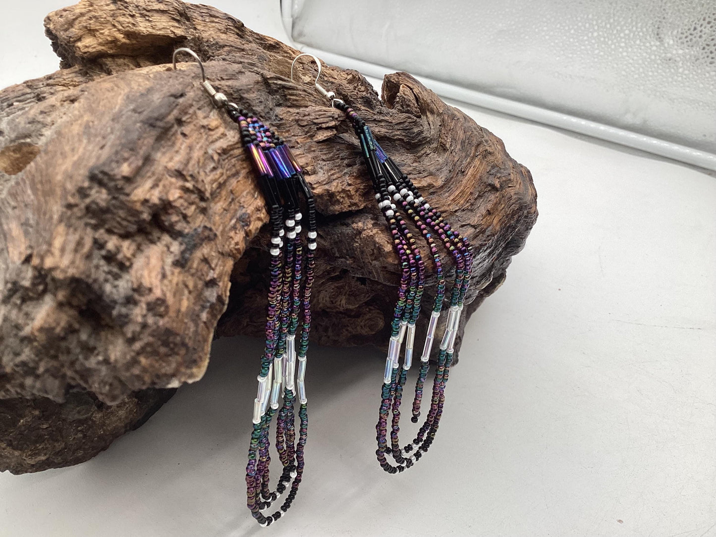 Hand Beaded Galaxy Fringe Earrings - Authentic Anishinaabe/Ojibwe Beadwork