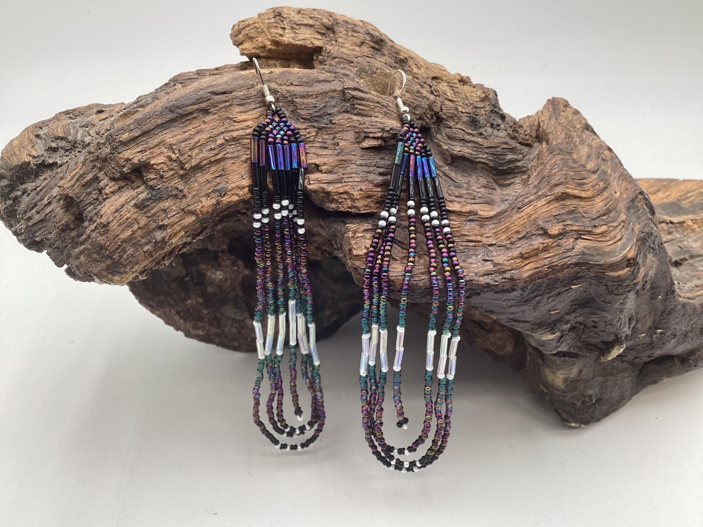 Hand Beaded Galaxy Fringe Earrings - Authentic Anishinaabe/Ojibwe Beadwork