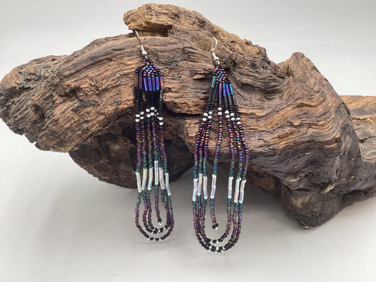 Hand Beaded Galaxy Fringe Earrings - Authentic Anishinaabe/Ojibwe Beadwork