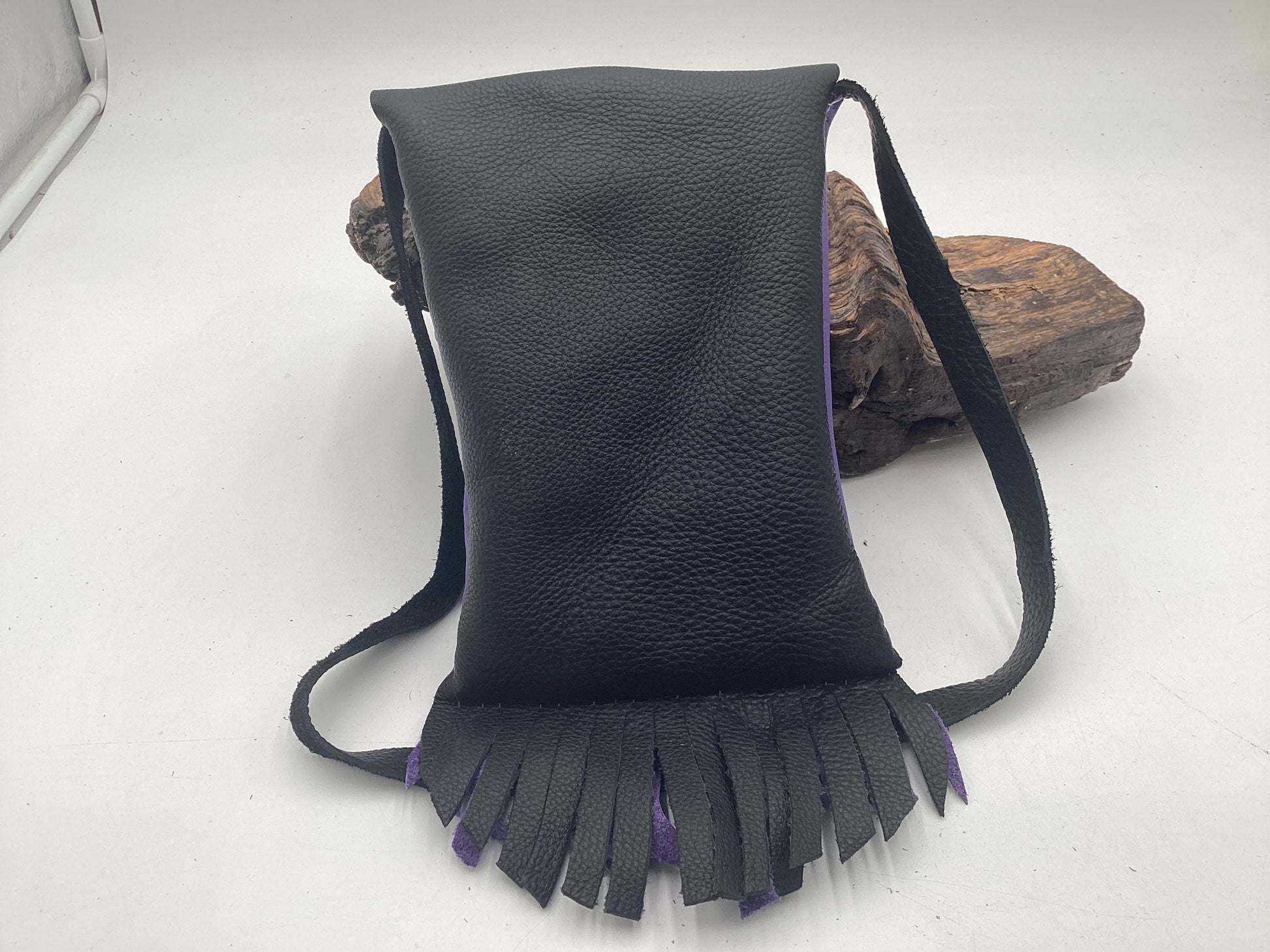 Hand Made Purple & Black Leather Bag - Authentic Anishinaabe/Ojibwe Made - Free Shipping