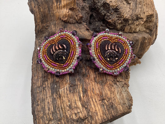 Iridescent Bear Claw Heart Shaped Beaded Earrings – Authentic Anishinaabe/Ojibwe Beadwork