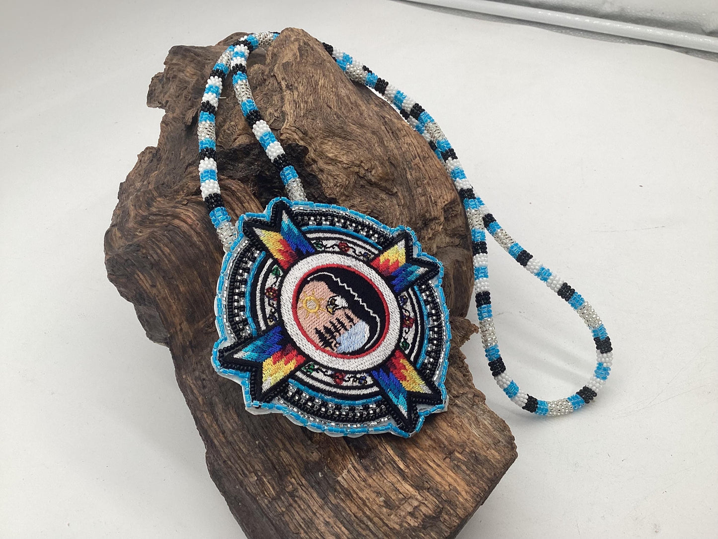 Beautiful Hand Beaded White Earth Nation Medallion - Authentic Anishinaabe/Ojibwe Beadwork - Free Shipping