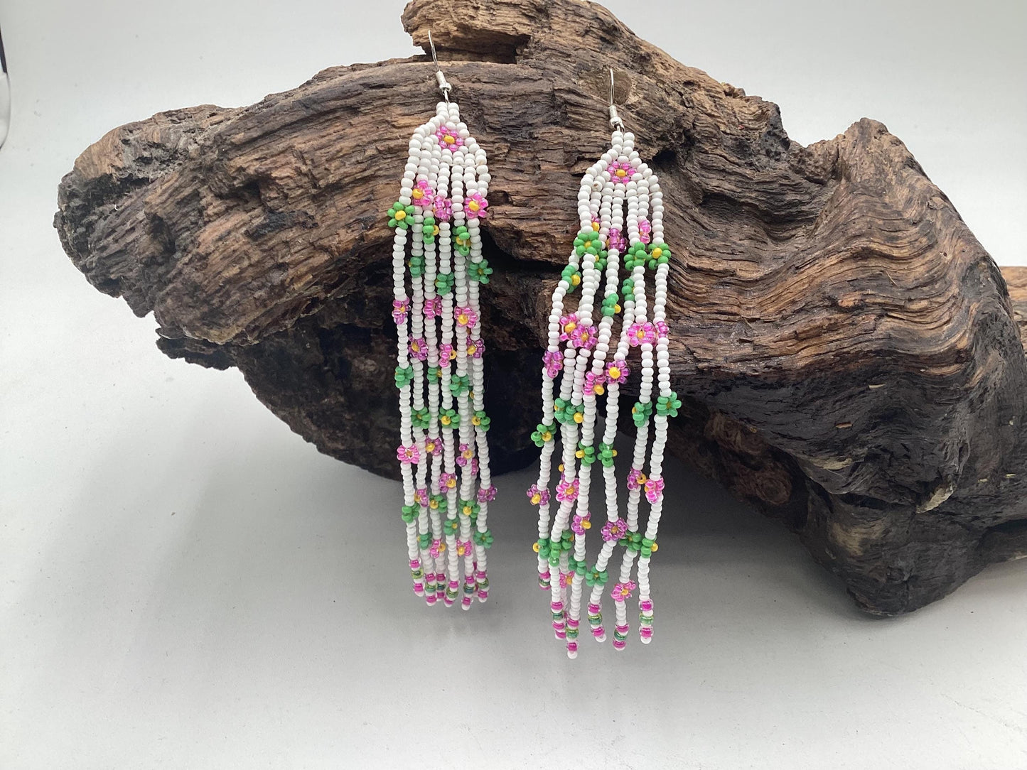 Hand Beaded Daisy Chain Fringe Earrings – Anishinaabe Made