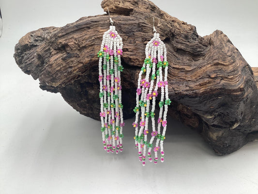 Hand Beaded Daisy Chain Fringe Earrings – Anishinaabe Made