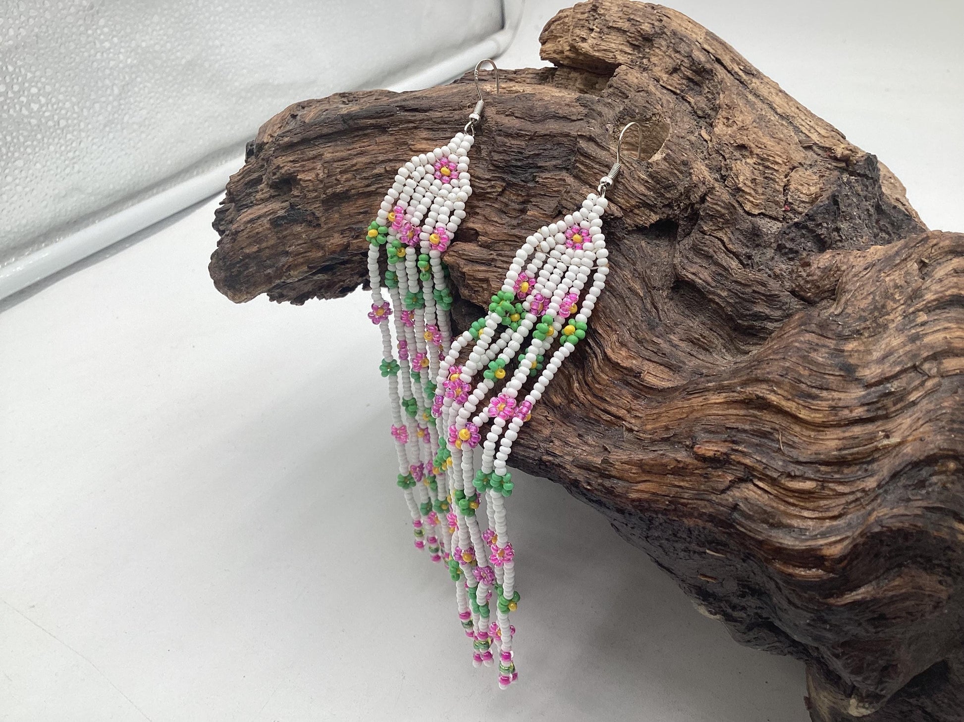 Hand Beaded Daisy Chain Fringe Earrings – Anishinaabe Made