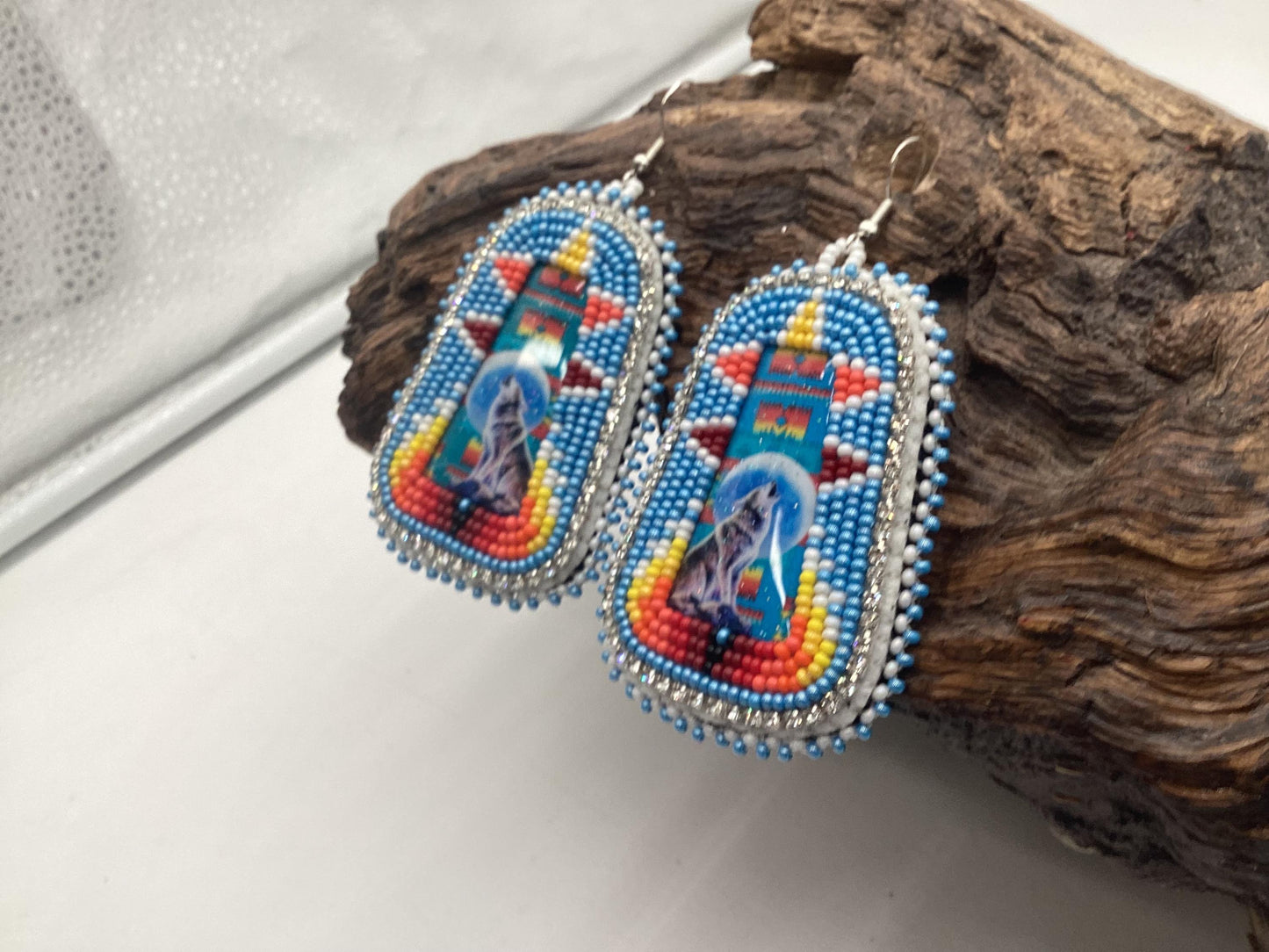 Spirit Wolf Earrings - Authentic Anishinaabe/Ojibwe Beadwork