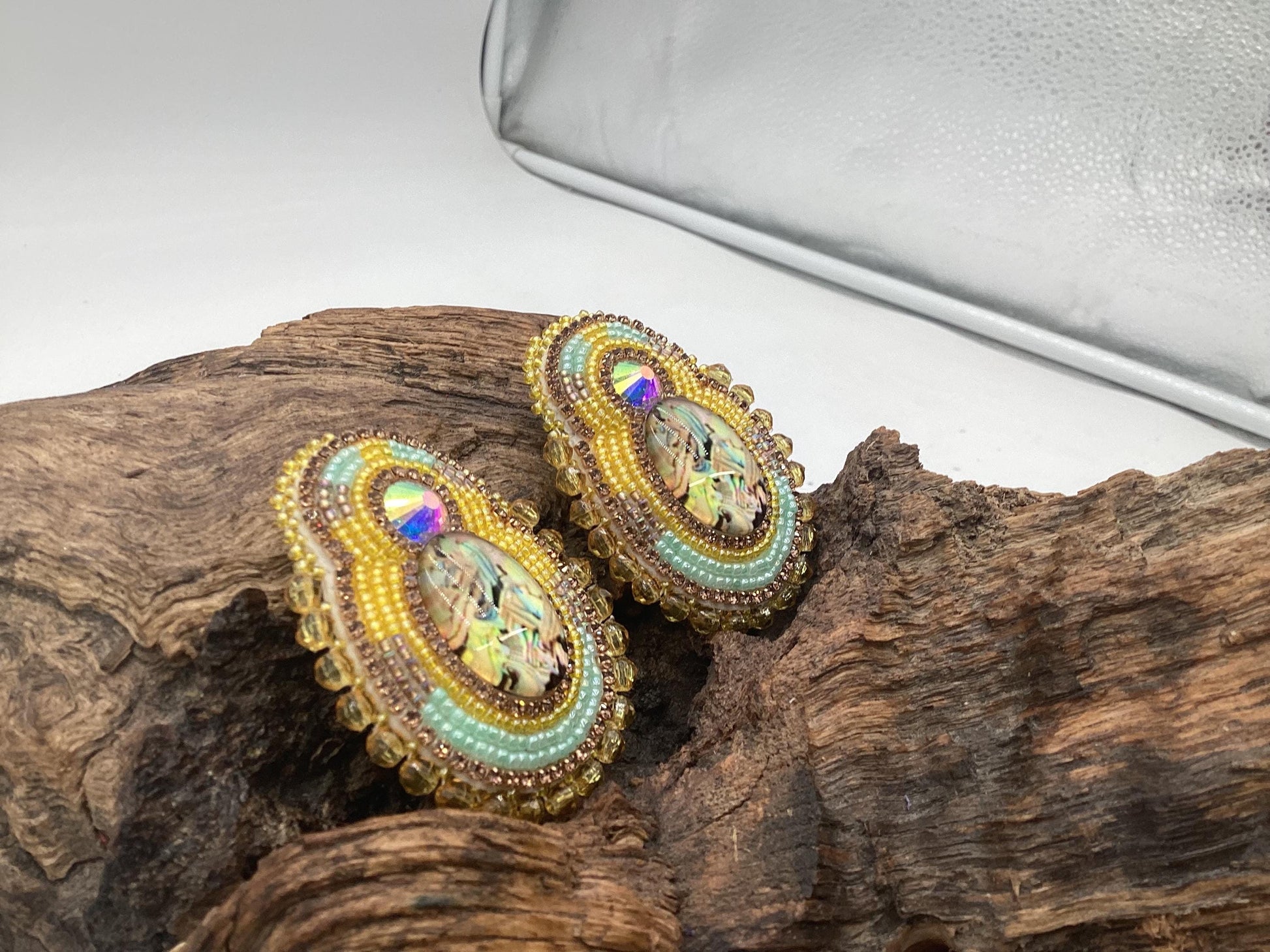 Yellow Double Center Hand Beaded Earrings - Authentic Ojibwe Anishinaabe Beadwork